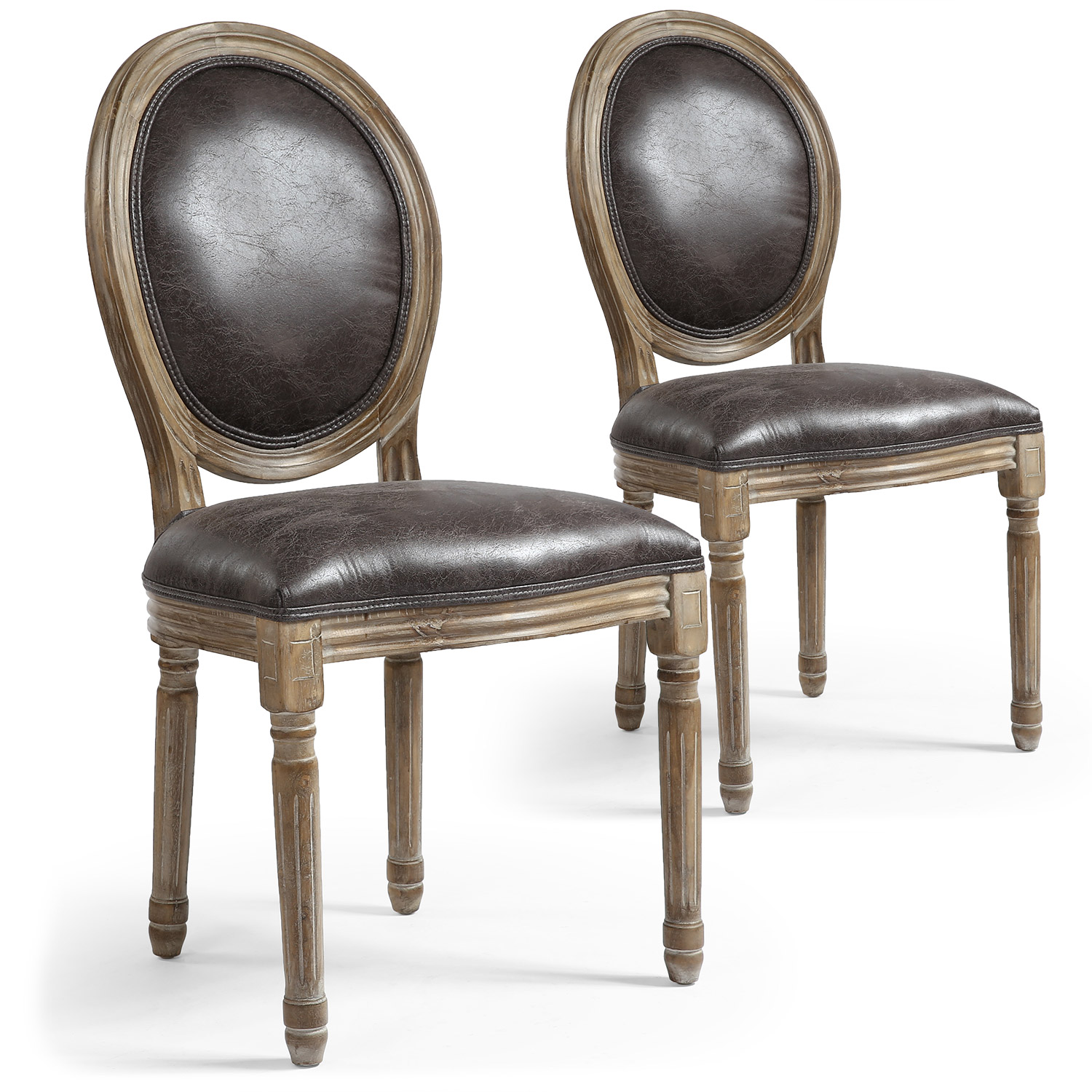 Set di 2 sedie a medaglione in stile Luigi XVI in tessuto marrone effetto pelle invecchiata