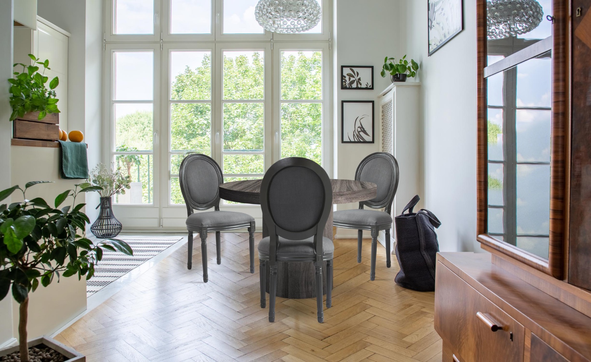 Set di 20 sedie a medaglione in stile Luigi XVI in tessuto grigio 