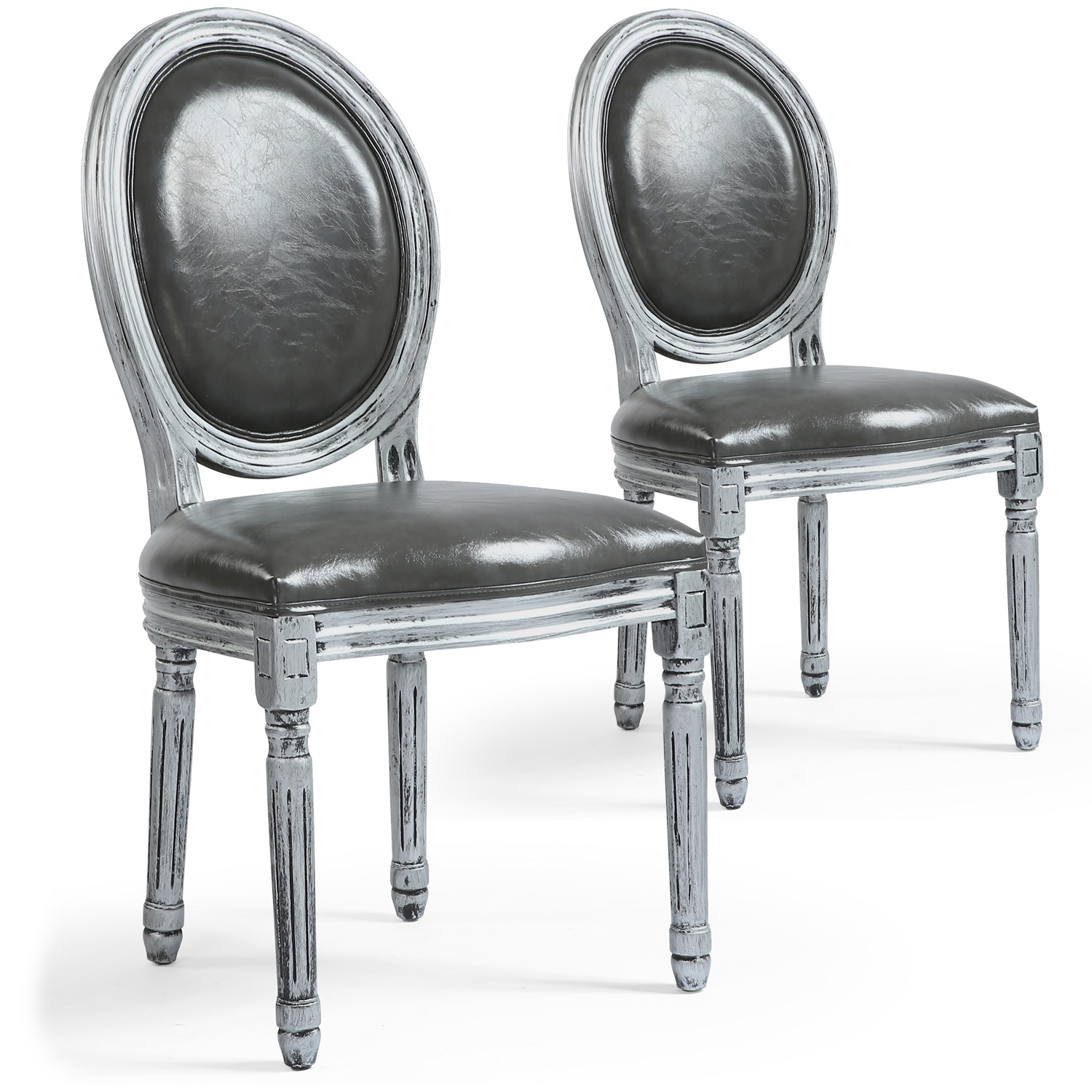 Lot de 20 chaises de style, chaises Louis XVI Tissu enduit gris et bois patiné argent