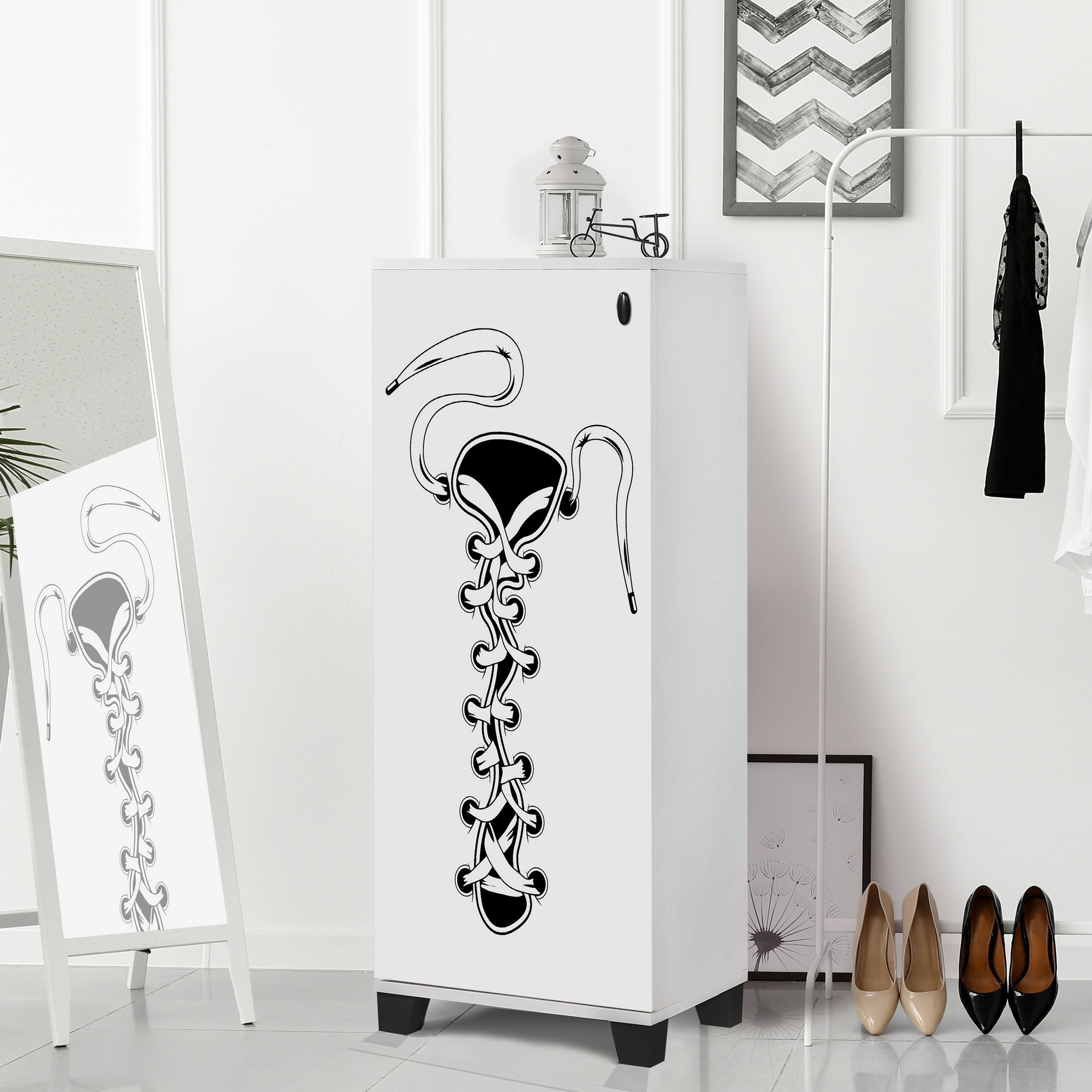 Clades Rectangular Shoe Cabinet Pannello in melamina a motivi bianchi e neri