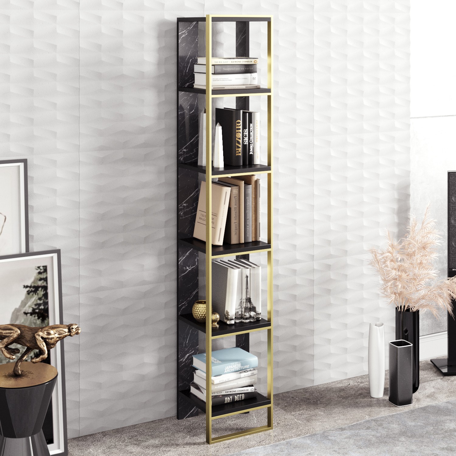 Libreria Luxoria 32,2x178,5cm Legno nero con effetto marmo e metallo dorato