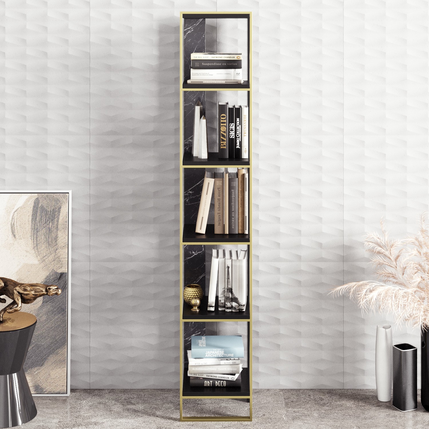 Libreria Luxoria 32,2x178,5cm Legno nero con effetto marmo e metallo dorato