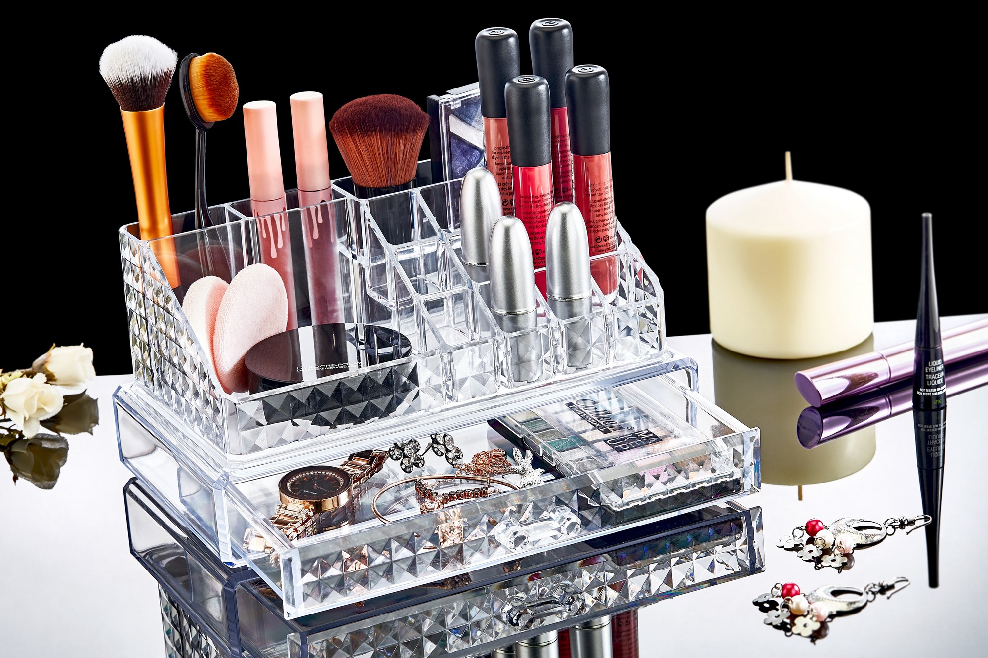 Martika acrylic make-up storage box 1 cassetto e 16 griglie trasparente in rilievo Diamond