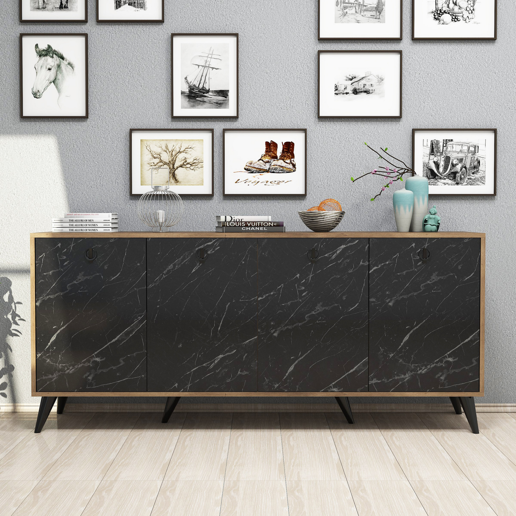  Credenza Ancon effetto marmo 180 x 80 x 45 cm Noce Pannello in melamina nera 