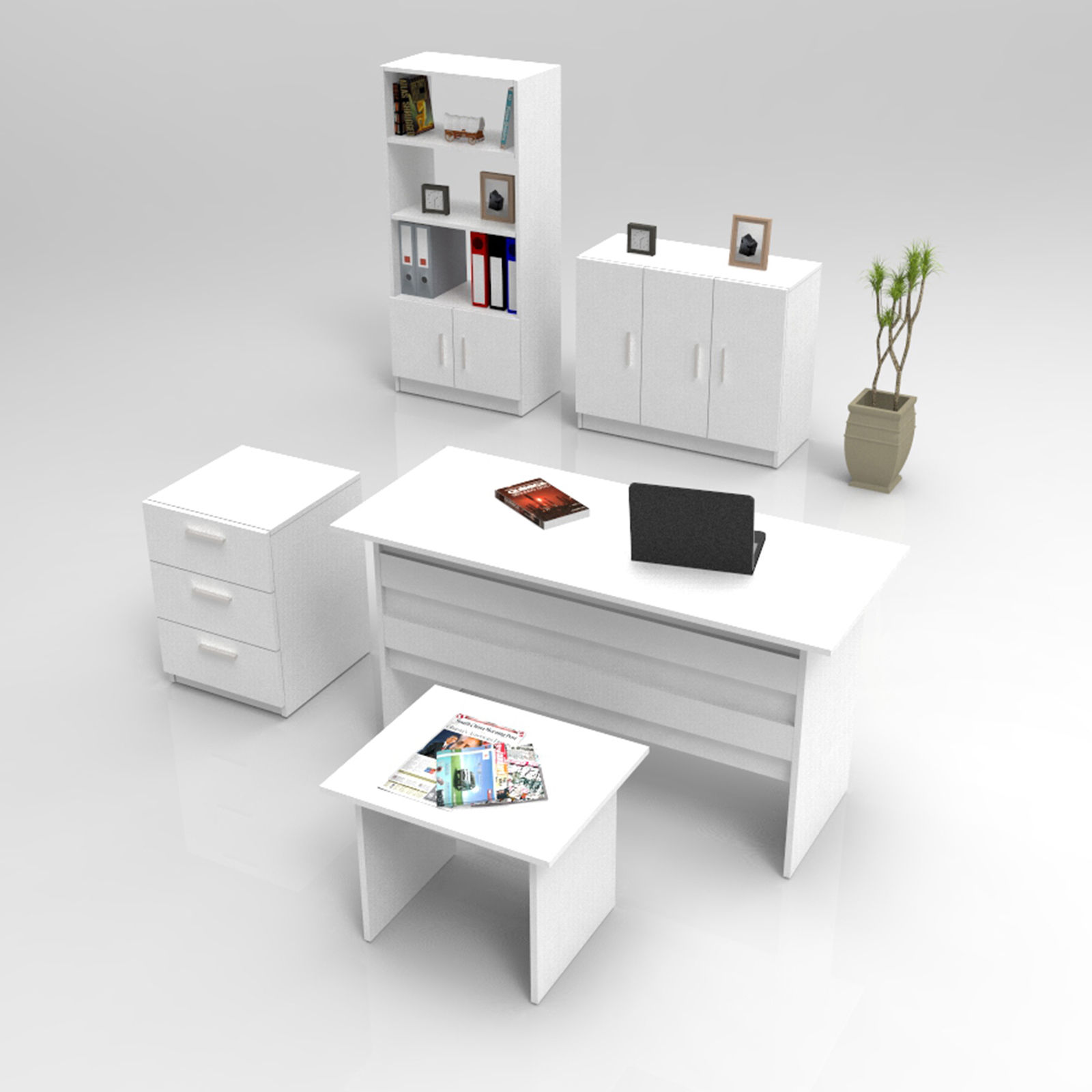 Busymo Scrivania bianca, armadio, libreria, cassettiera e tavolino