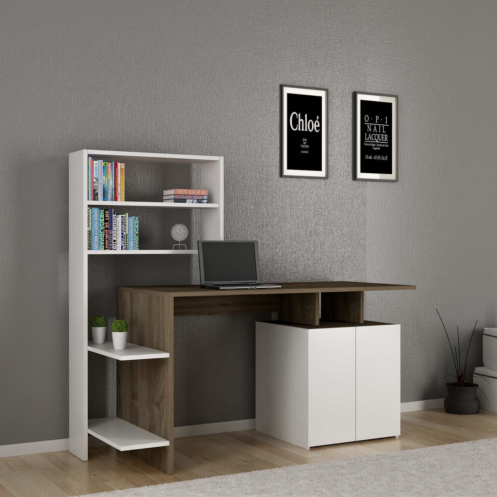 Kasini Desk, armadio e scaffale in legno naturale e bianco