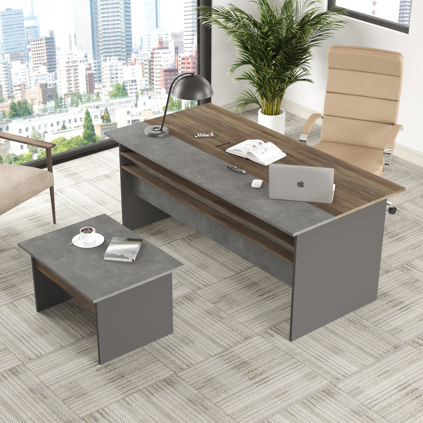 Set di scrivania e tavolino Harvey in legno naturale e grigio