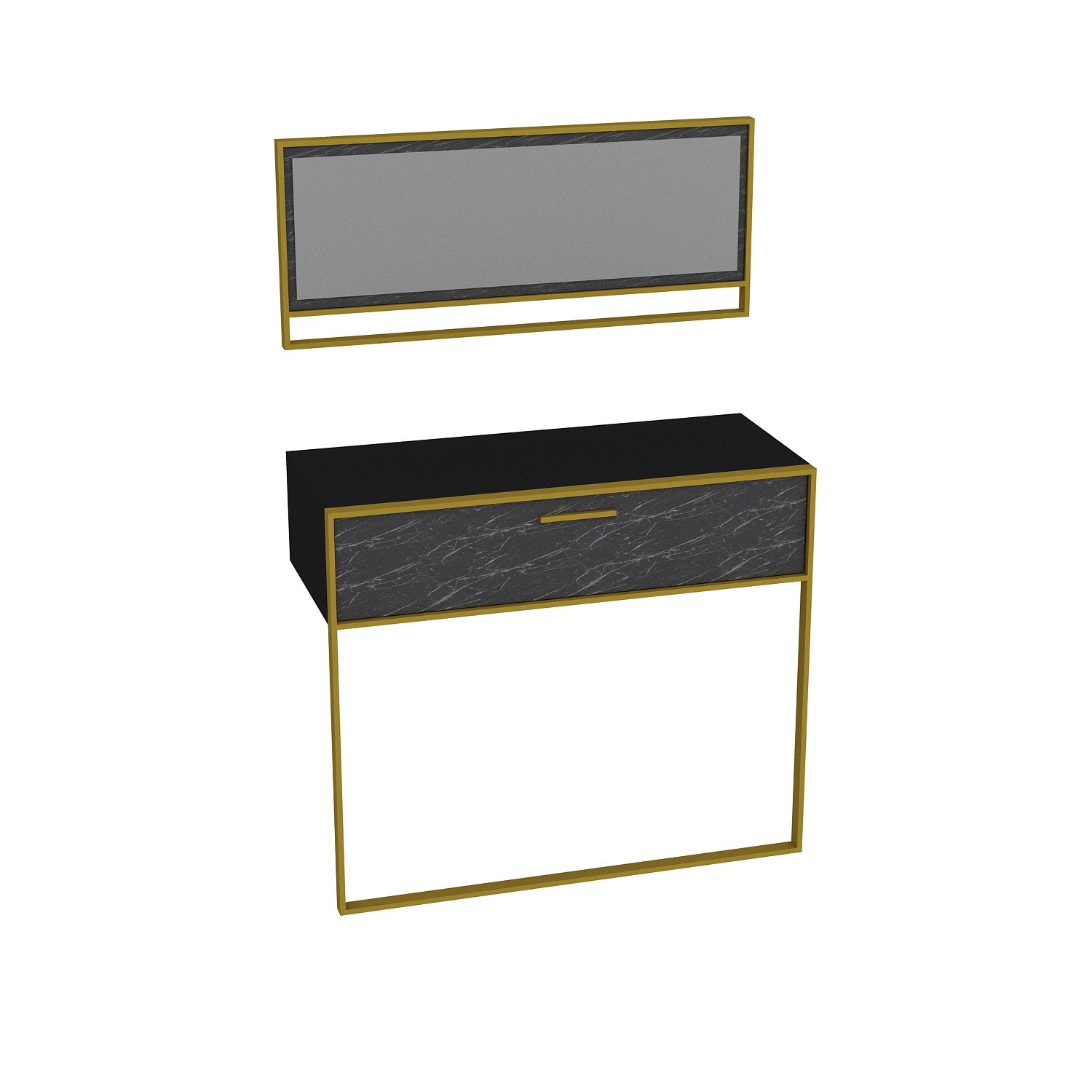 Set 1 porta console e specchio Dettris Gold Metal e Black Wood Marble effect