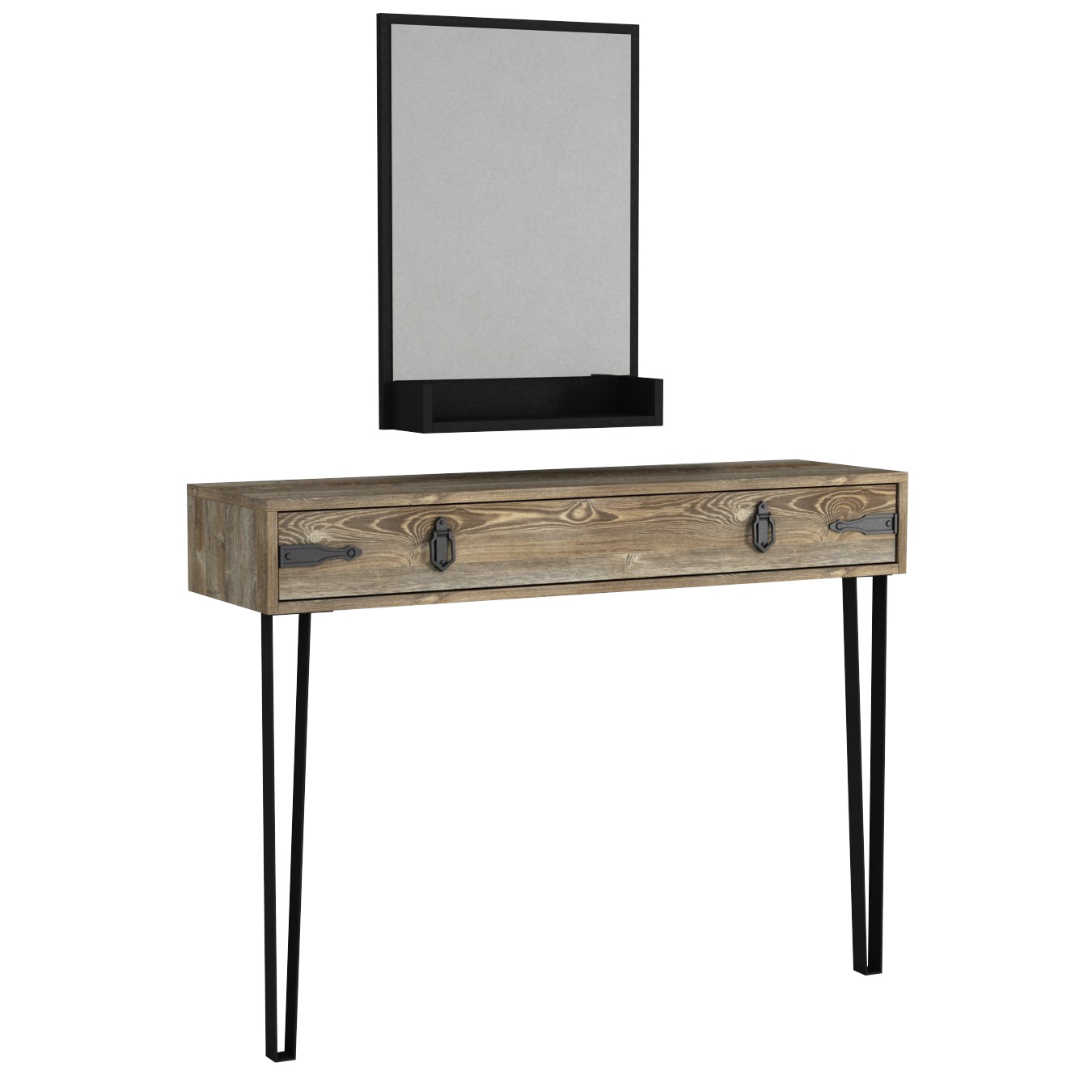 Set console a 1 cassetto e specchio con mensola Cetrix in metallo nero e legno beige