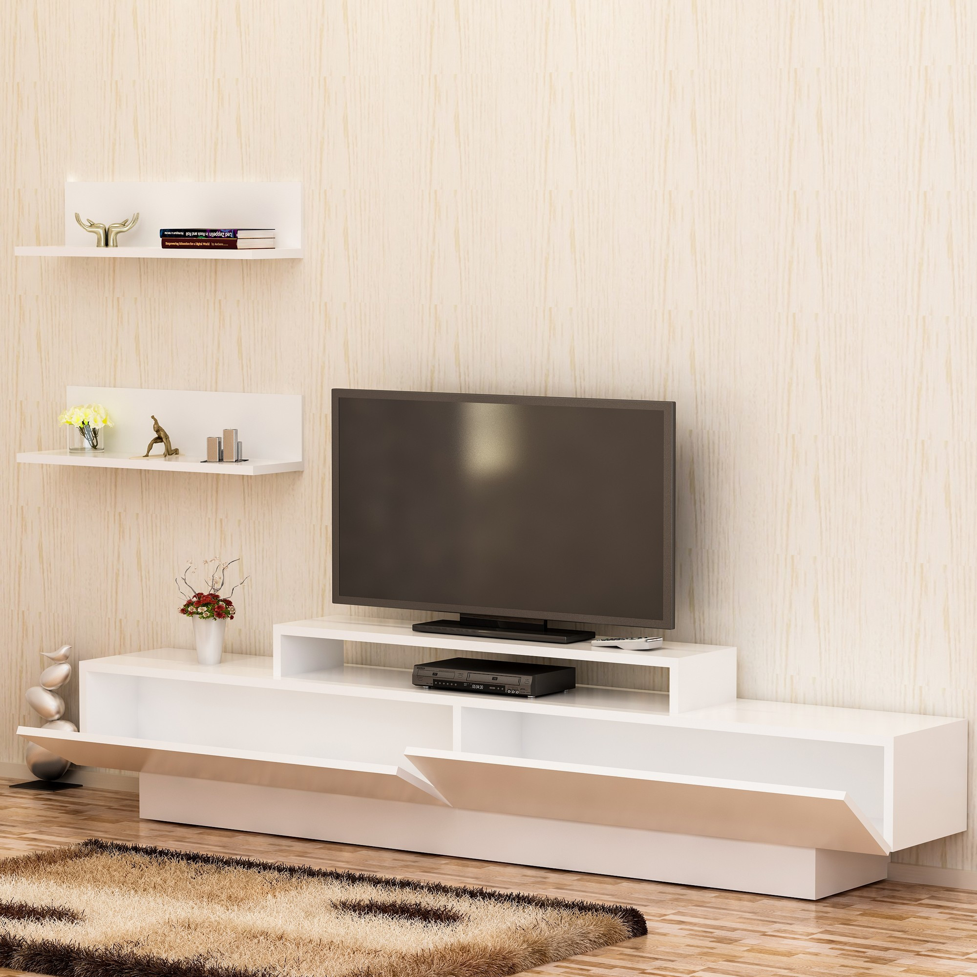 Set porta TV e mensole Juna in legno bianco