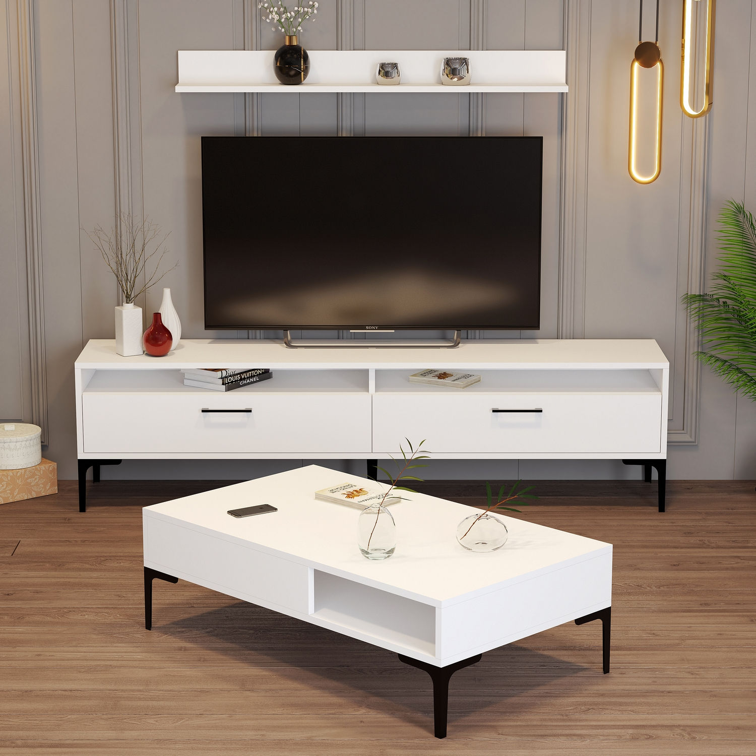 Set di mobili da soggiorno in legno bianco e metallo nero Varnus