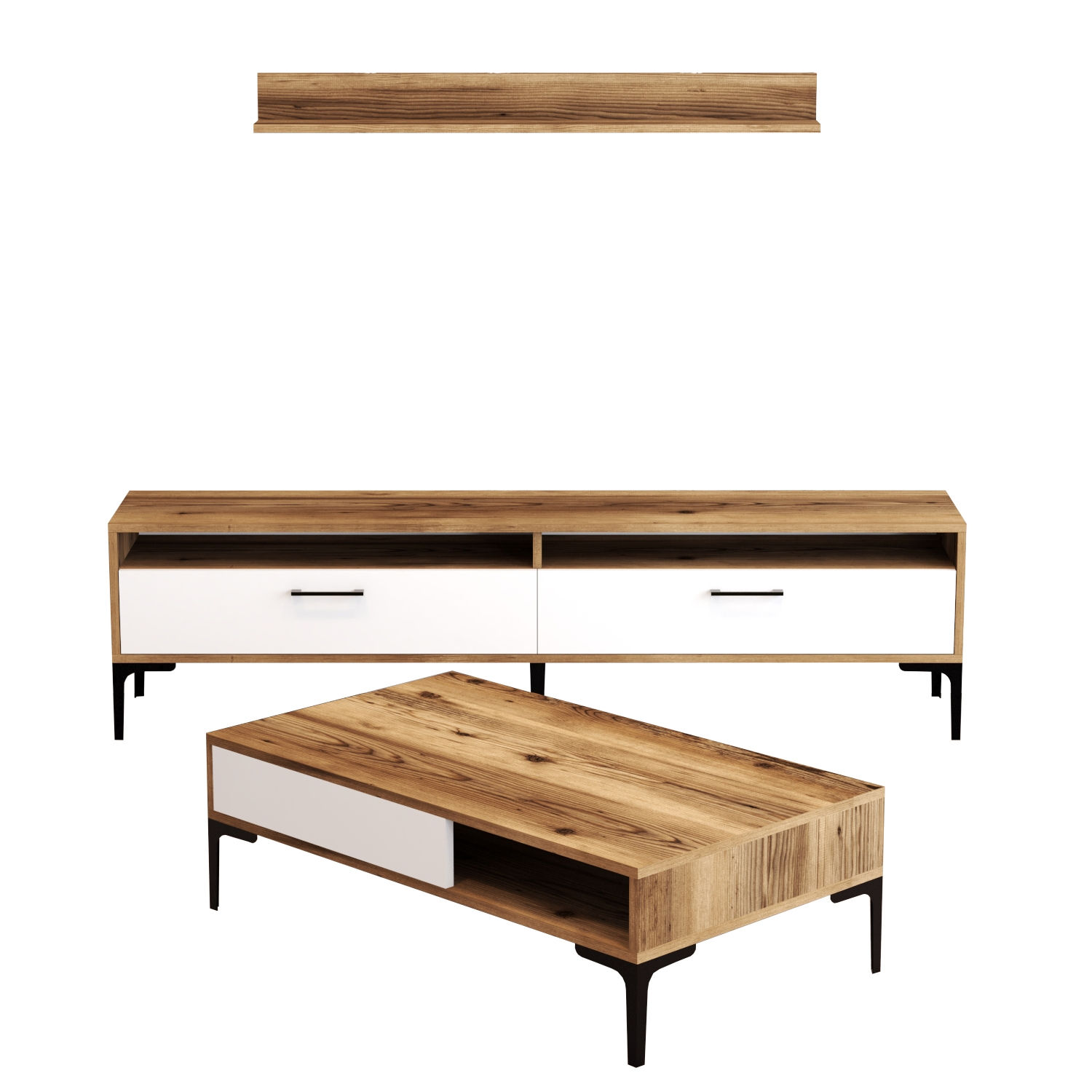 Set di mobili da soggiorno in legno naturale e metallo bianco e nero Varnus