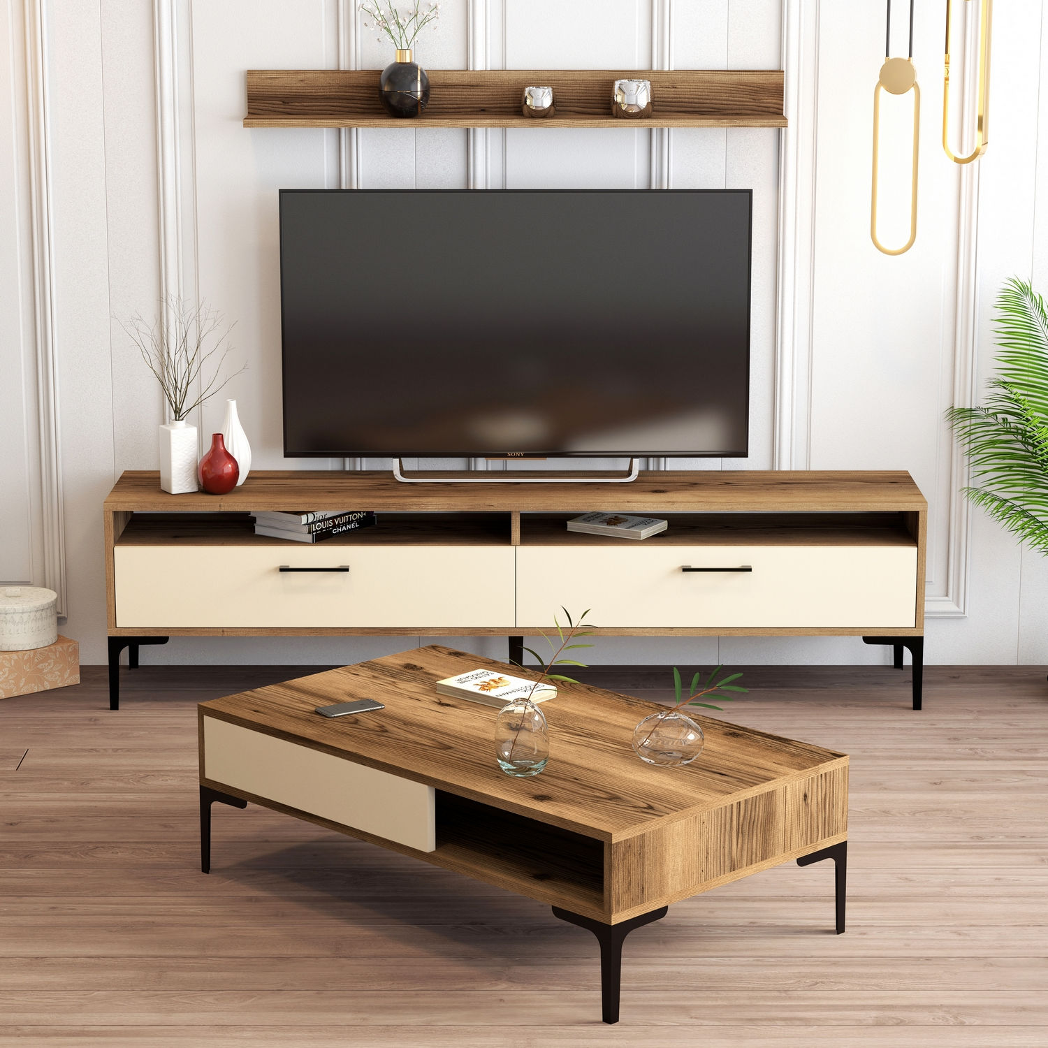 Set di mobili in legno naturale e metallo bianco e nero crema Varnus