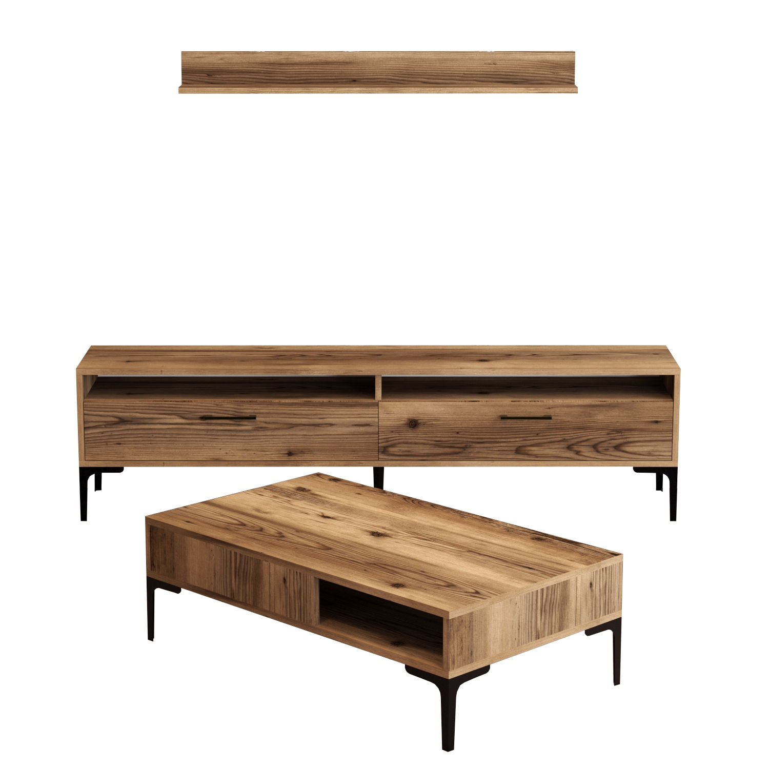 Set di mobili da soggiorno in legno naturale e metallo nero Varnus