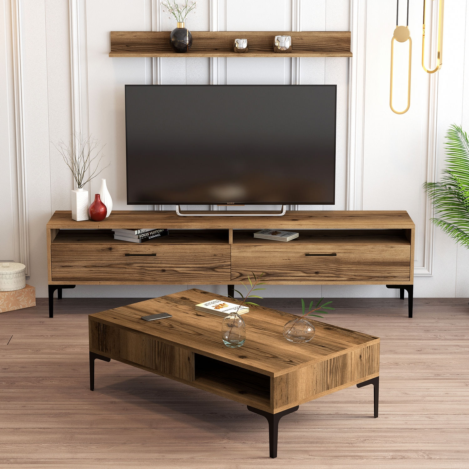 Set di mobili da soggiorno in legno naturale e metallo nero Varnus
