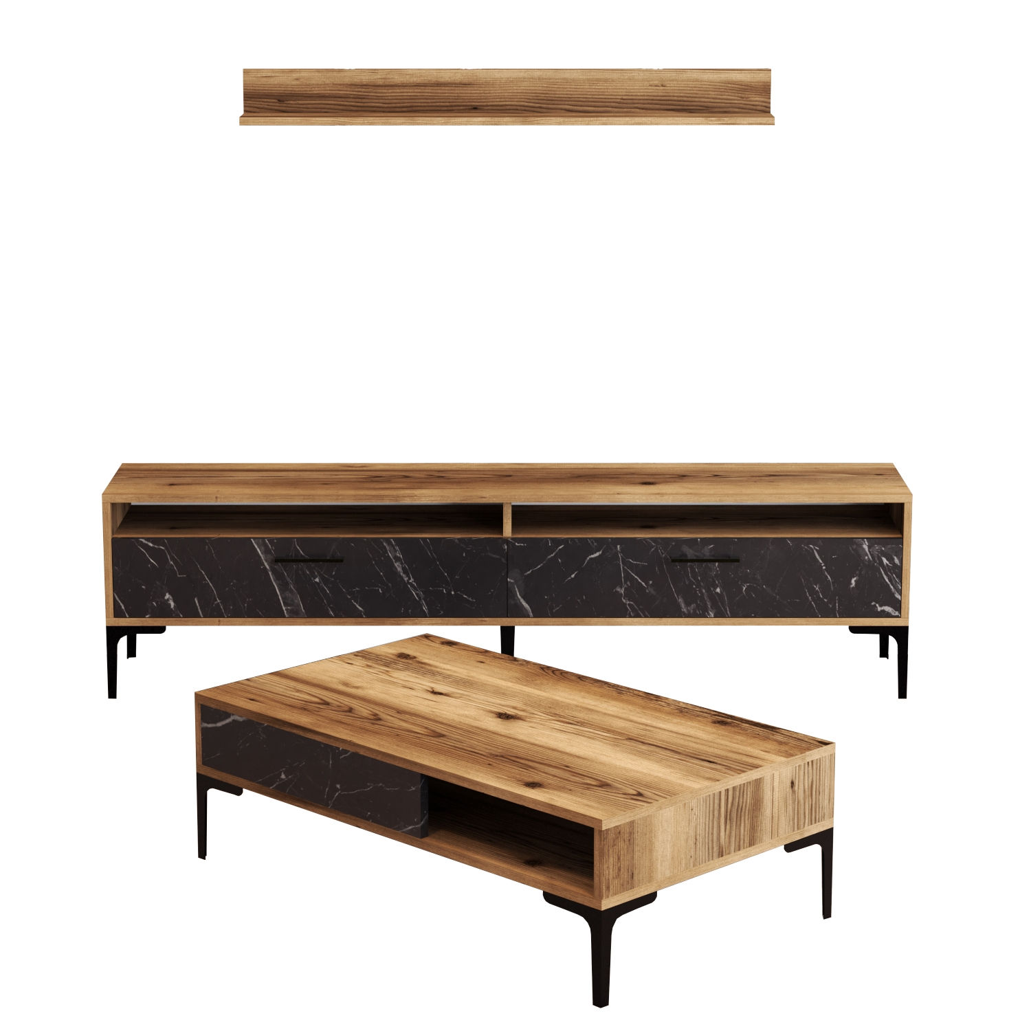 Set di mobili in legno naturale e effetto marmo nero e metallo nero Varnus