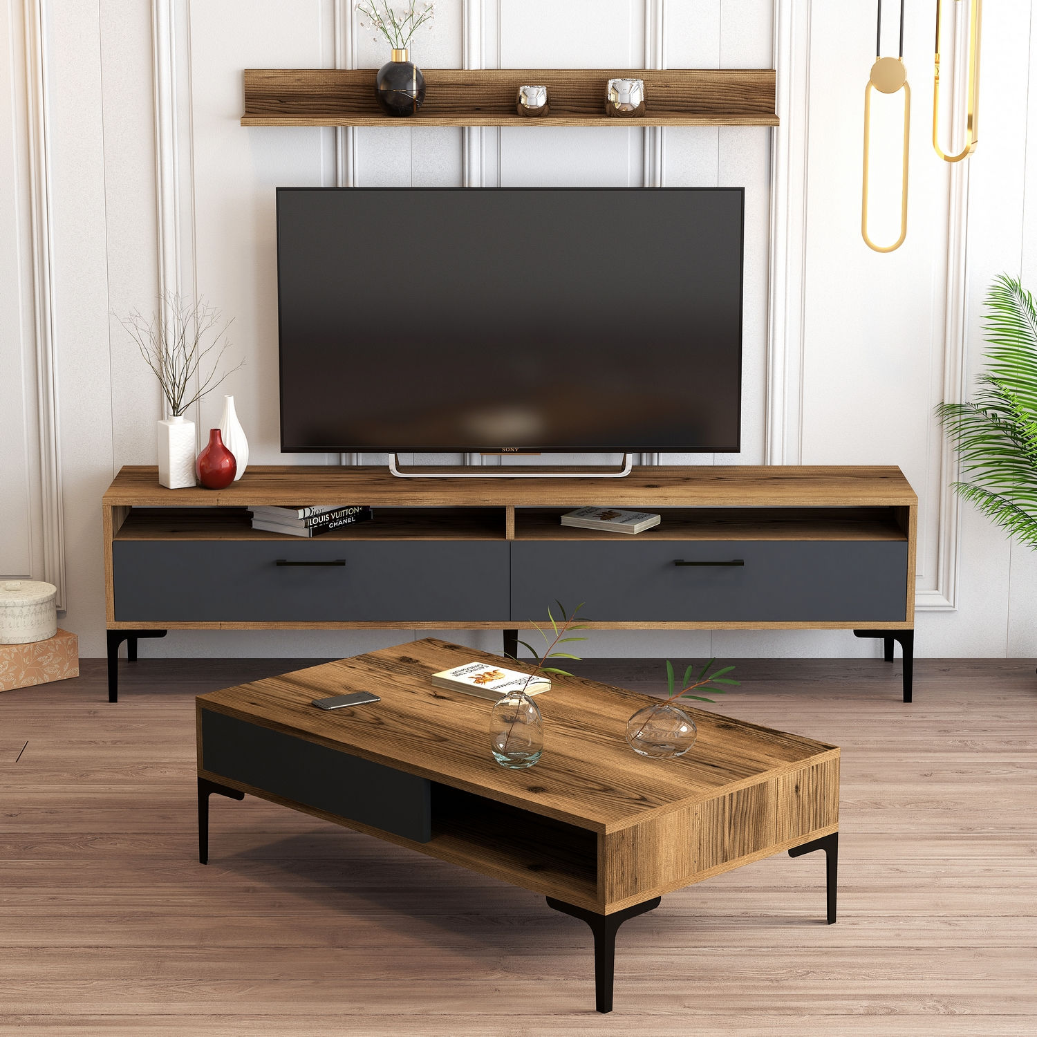 Set di mobili in legno naturale e antracite e metallo nero Varnus