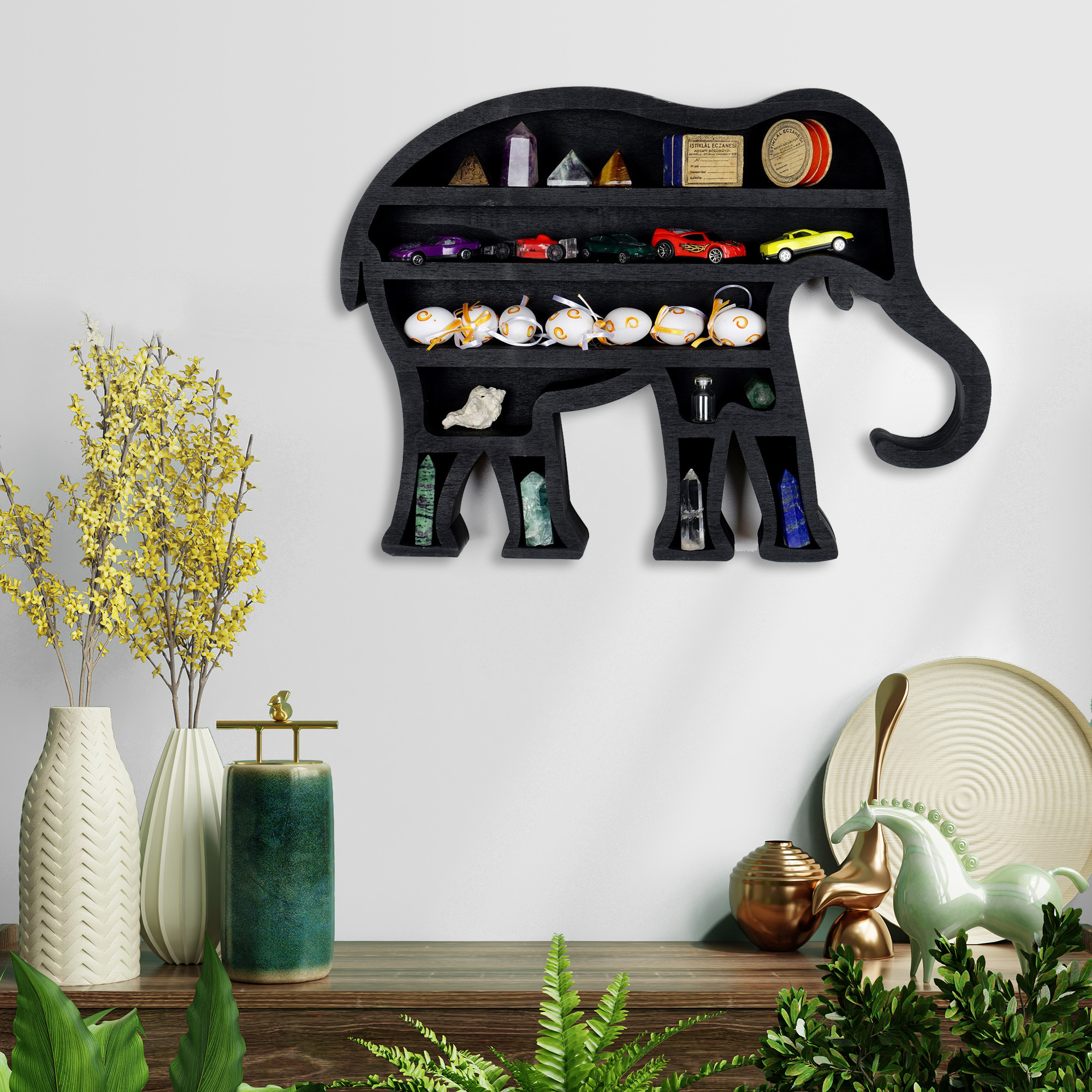 Ornatio elefante legno decorativo mensola a muro in rilievo Nero 