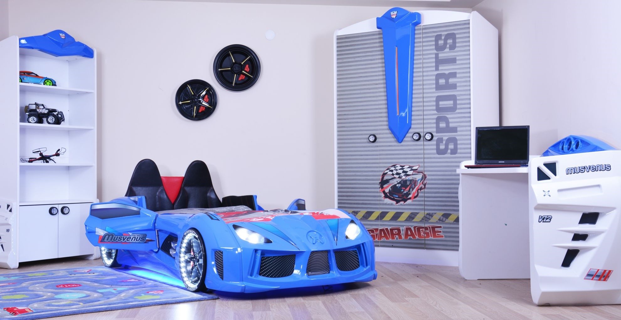 MNV3 Blu Interactive Race Car Bed ABS Melamine Panel Multicolore