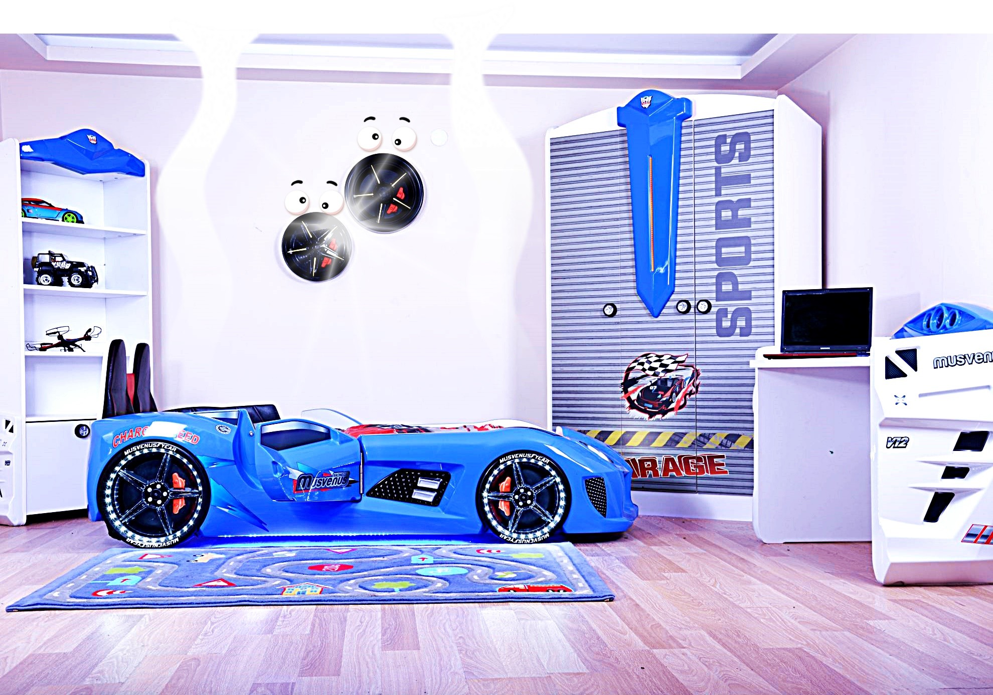 MNV3 Blu Interactive Race Car Bed ABS Melamine Panel Multicolore