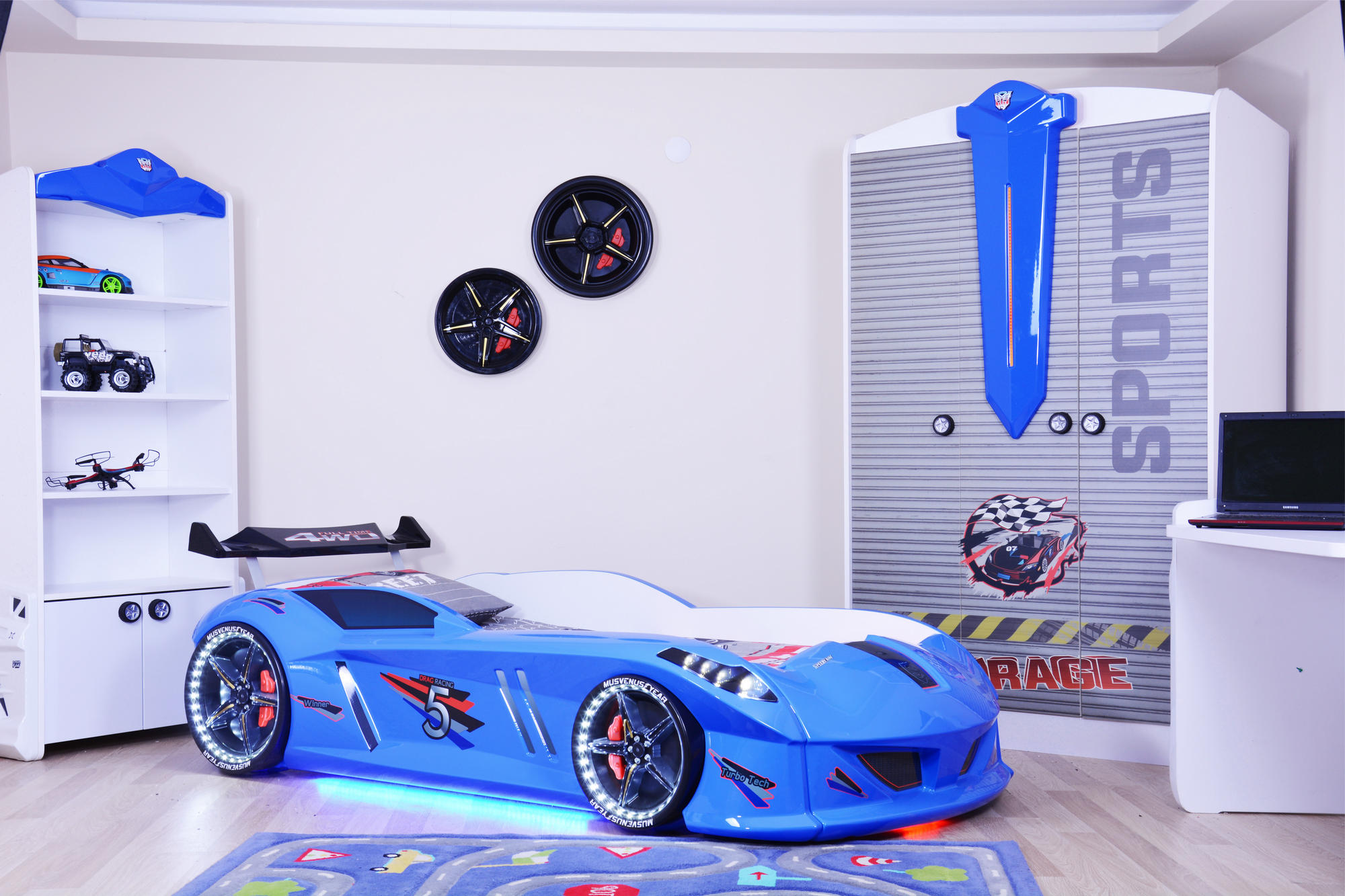 Speedy Blue Interactive Race Car Bed ABS Melamine Panel Multicolore