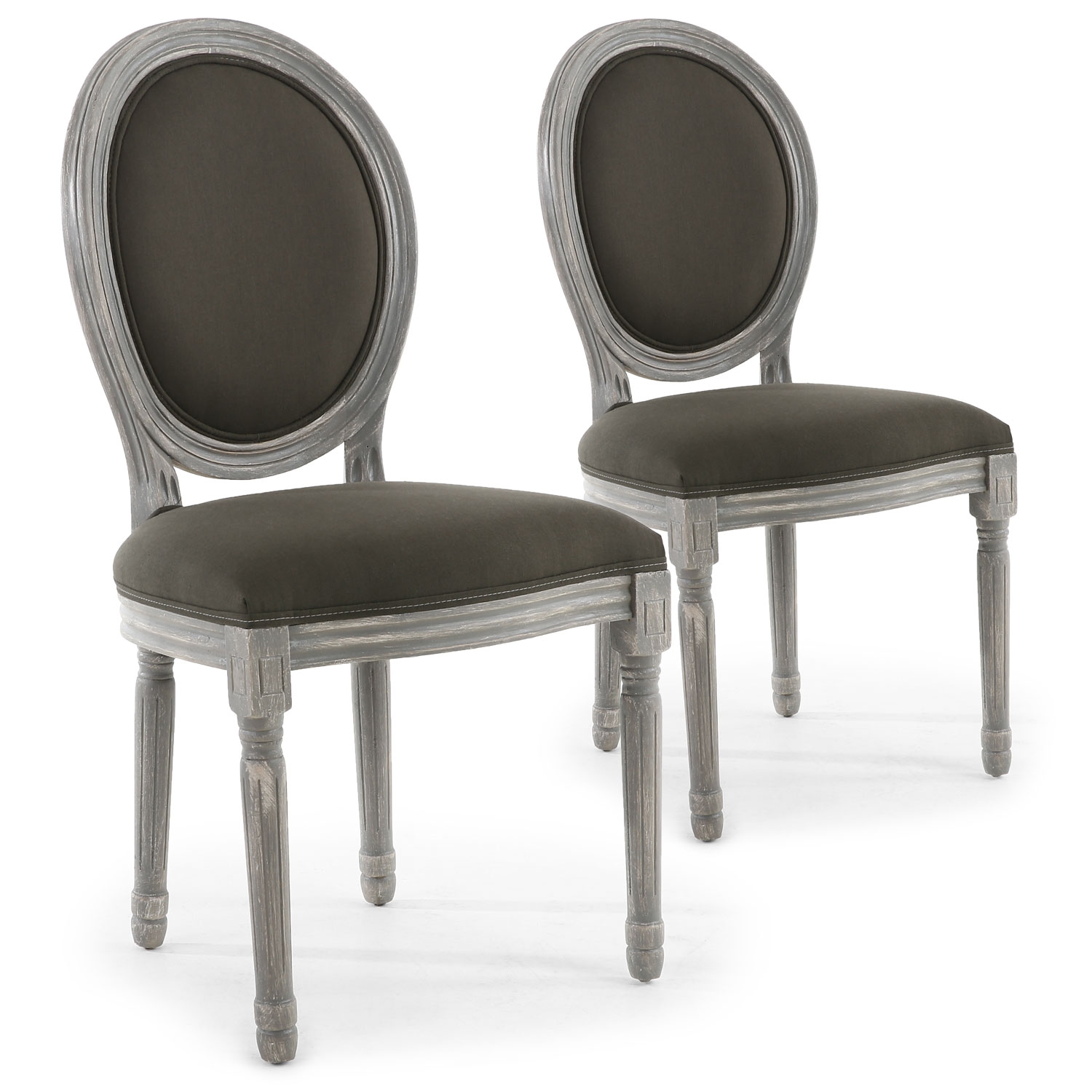 Set di 2 sedie a medaglione in stile Luigi XVI in legno grigio patinato e tessuto grigio
