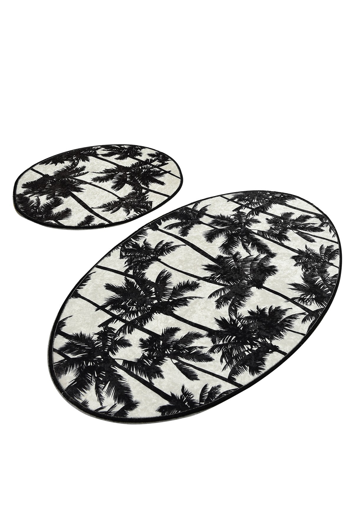 Set di 2 tappetini da bagno rotondi ovali Crinitus Artem Palm Trees Micro Polyamide Bianco e Nero