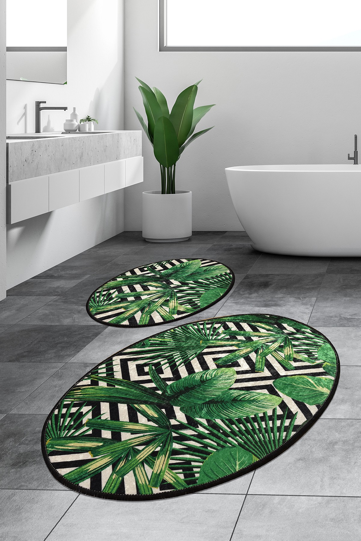 Set di 2 tappetini da bagno ovali Artem foliage Micro Poliammide Verde
