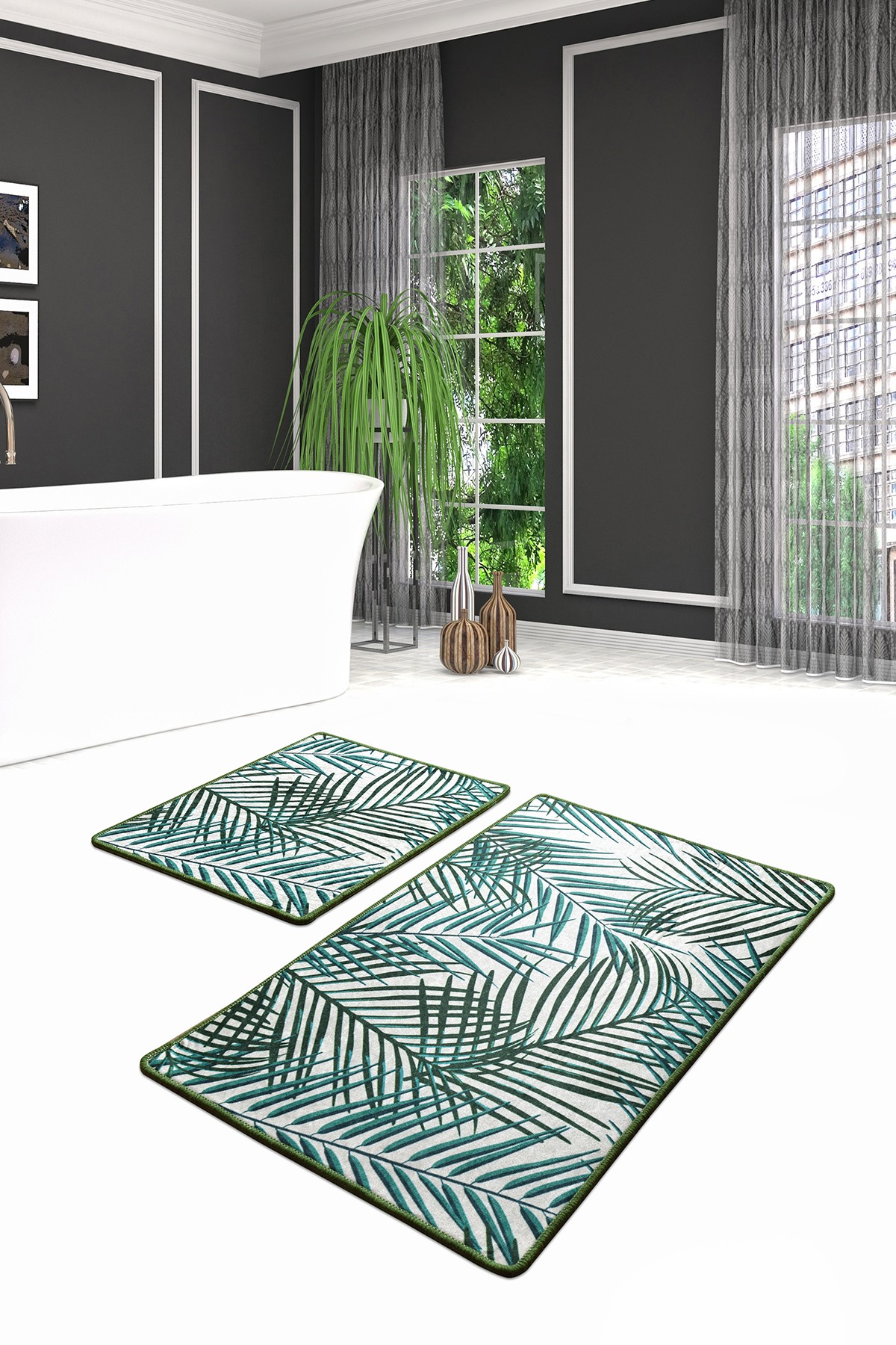 Set di 2 tappetini da bagno rettangolari Artem Green and White Velvet Foliage