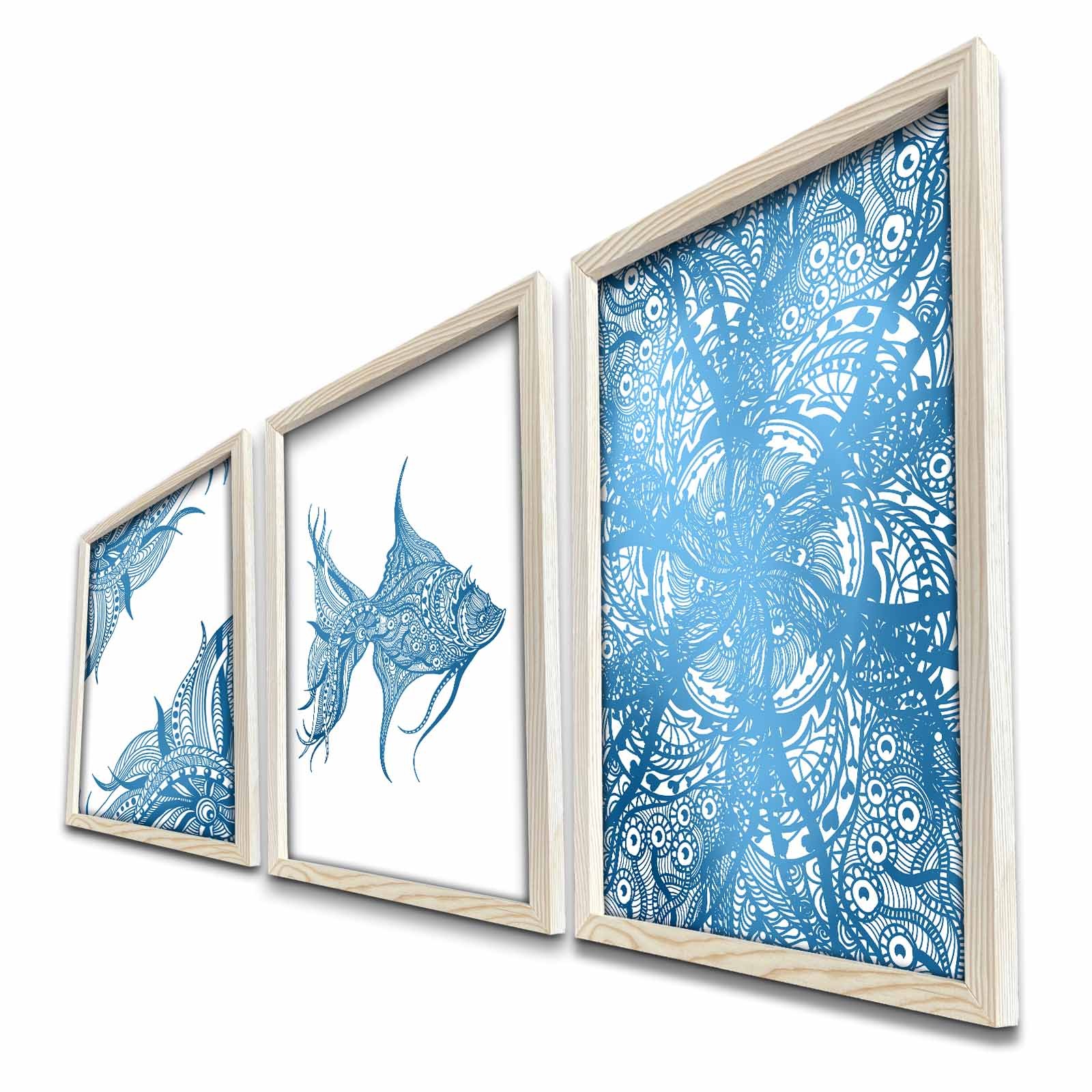 Set di 3 Pictura mondo subacqueo pointillism MDF legno blu su bianco