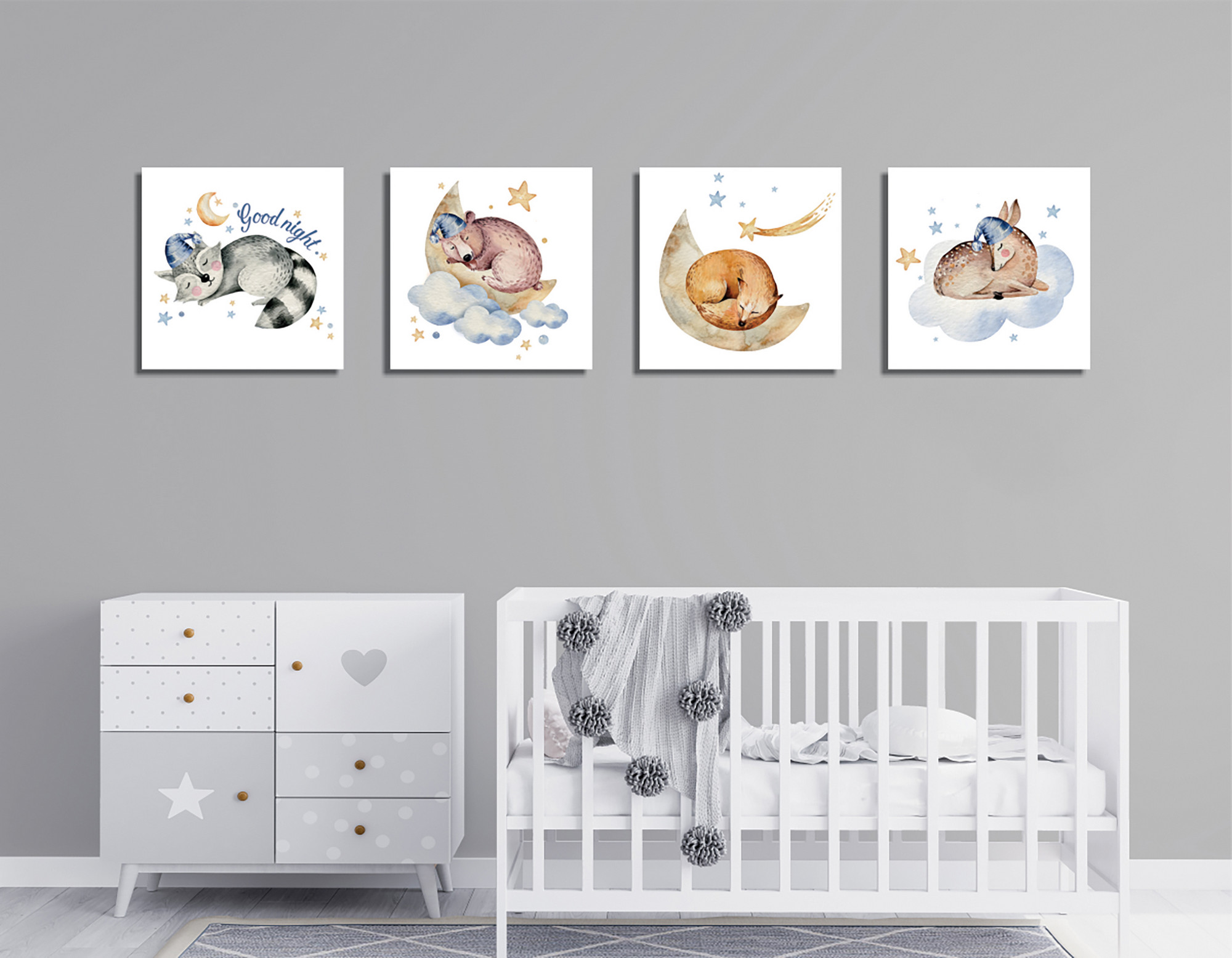 Assortimento di 4 quadri decorativi per bambini Animali della prateria Pictura 30 x 30 cm Canvas Polycotton Wood Multicolore