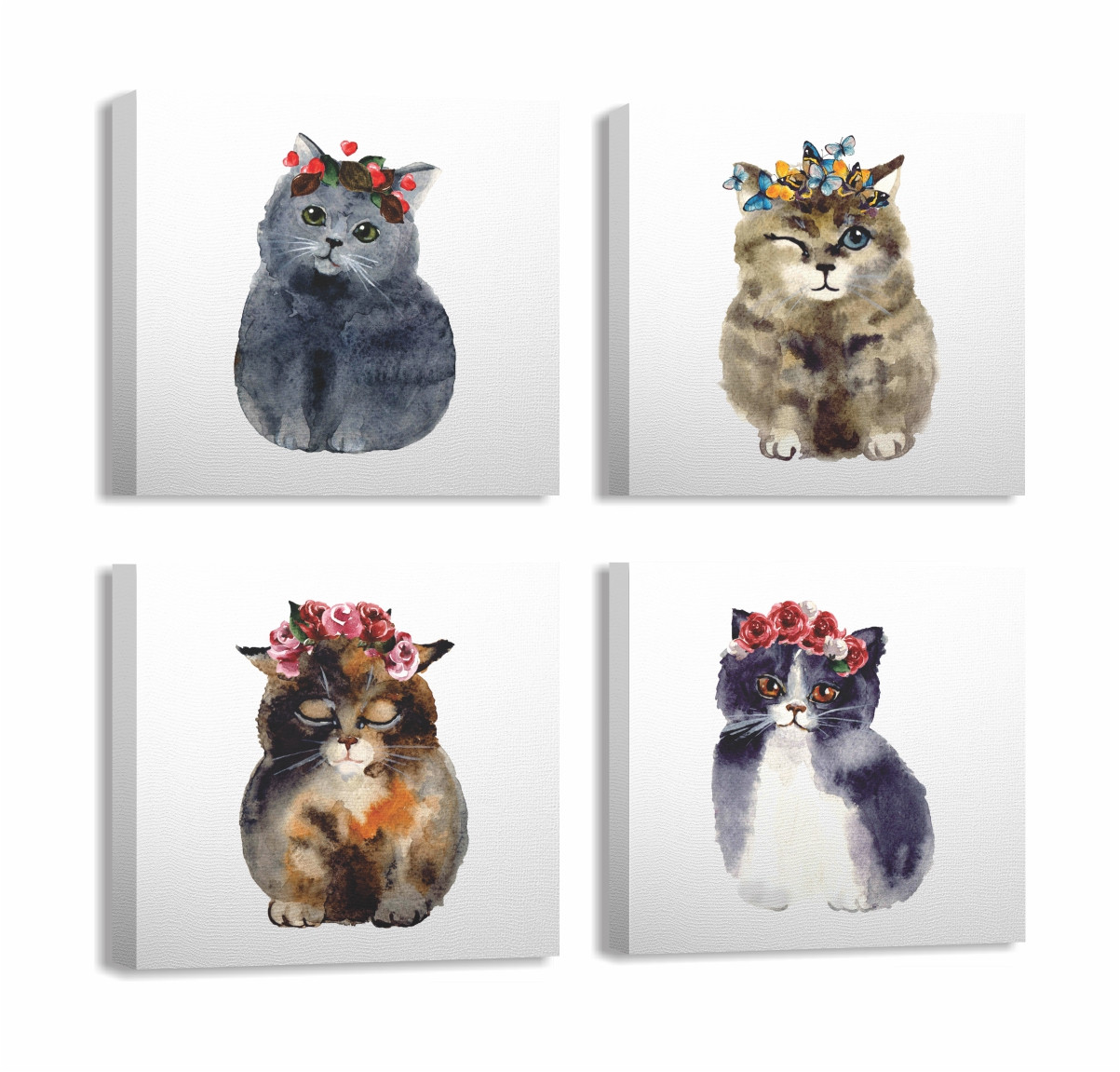 Assortimento di 4 immagini decorative Pictura gattini 30 x 30 cm Canvas Polycotton Wood Multicolore