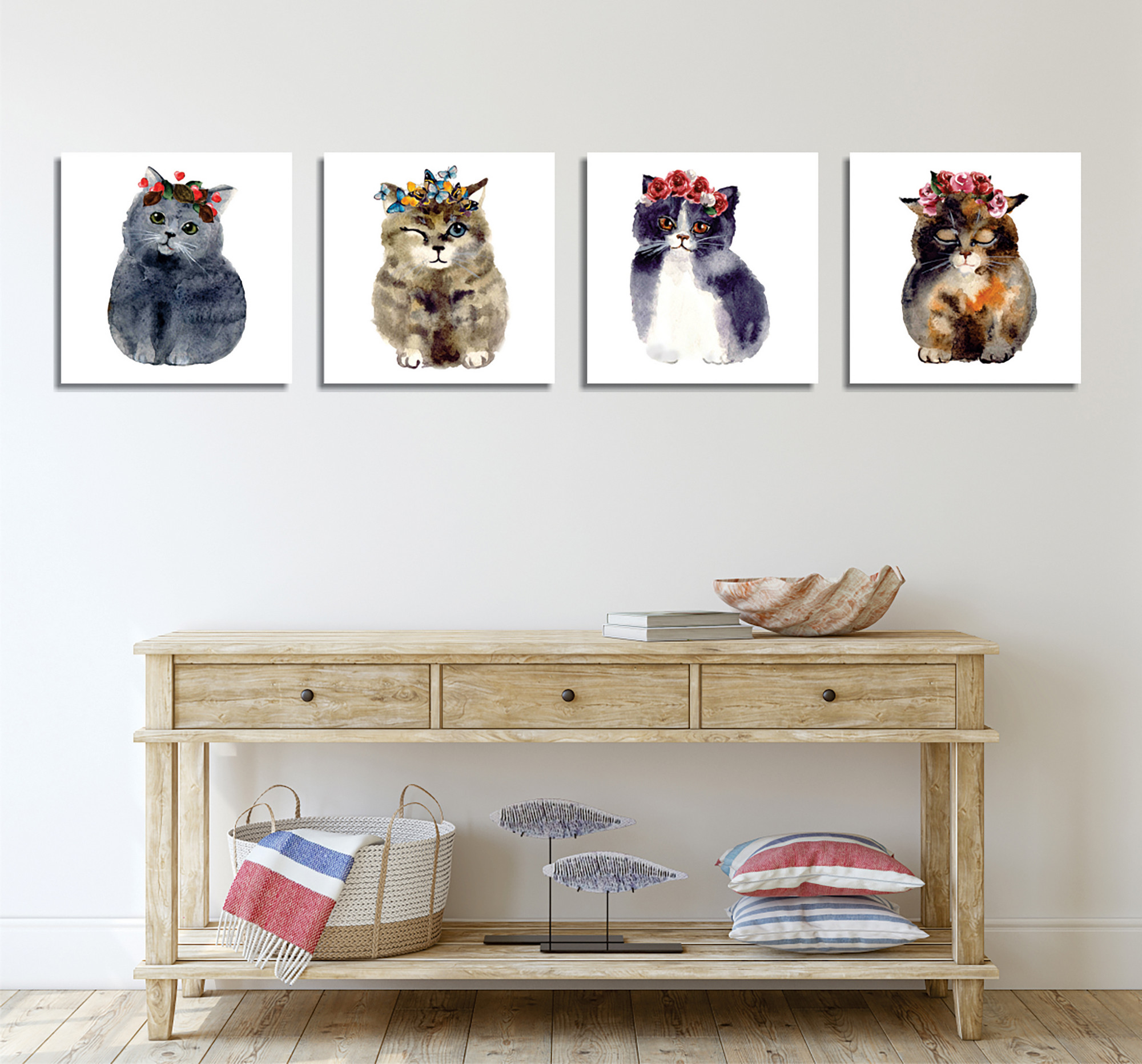 Assortimento di 4 immagini decorative Pictura gattini 30 x 30 cm Canvas Polycotton Wood Multicolore