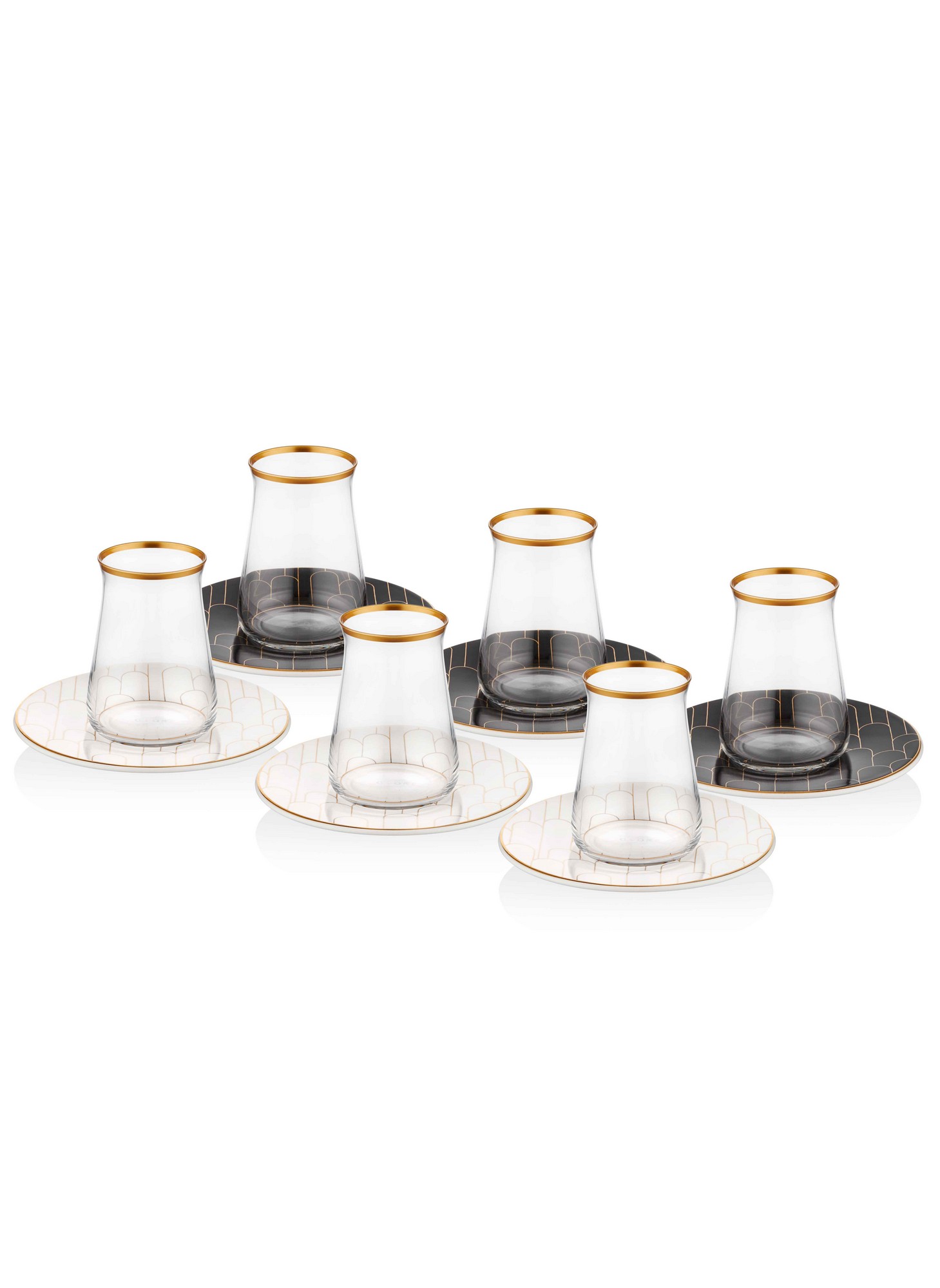 Set di 6 tazze da tè in vetro di legno con bordi in oro e tazze da tè in ceramica in bianco e nero