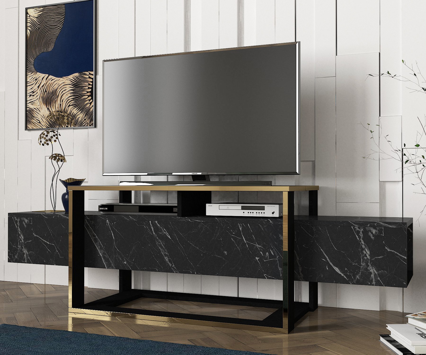 TV a straripamento con effetto marmo L160 cm Pannello in melamina nero/oro