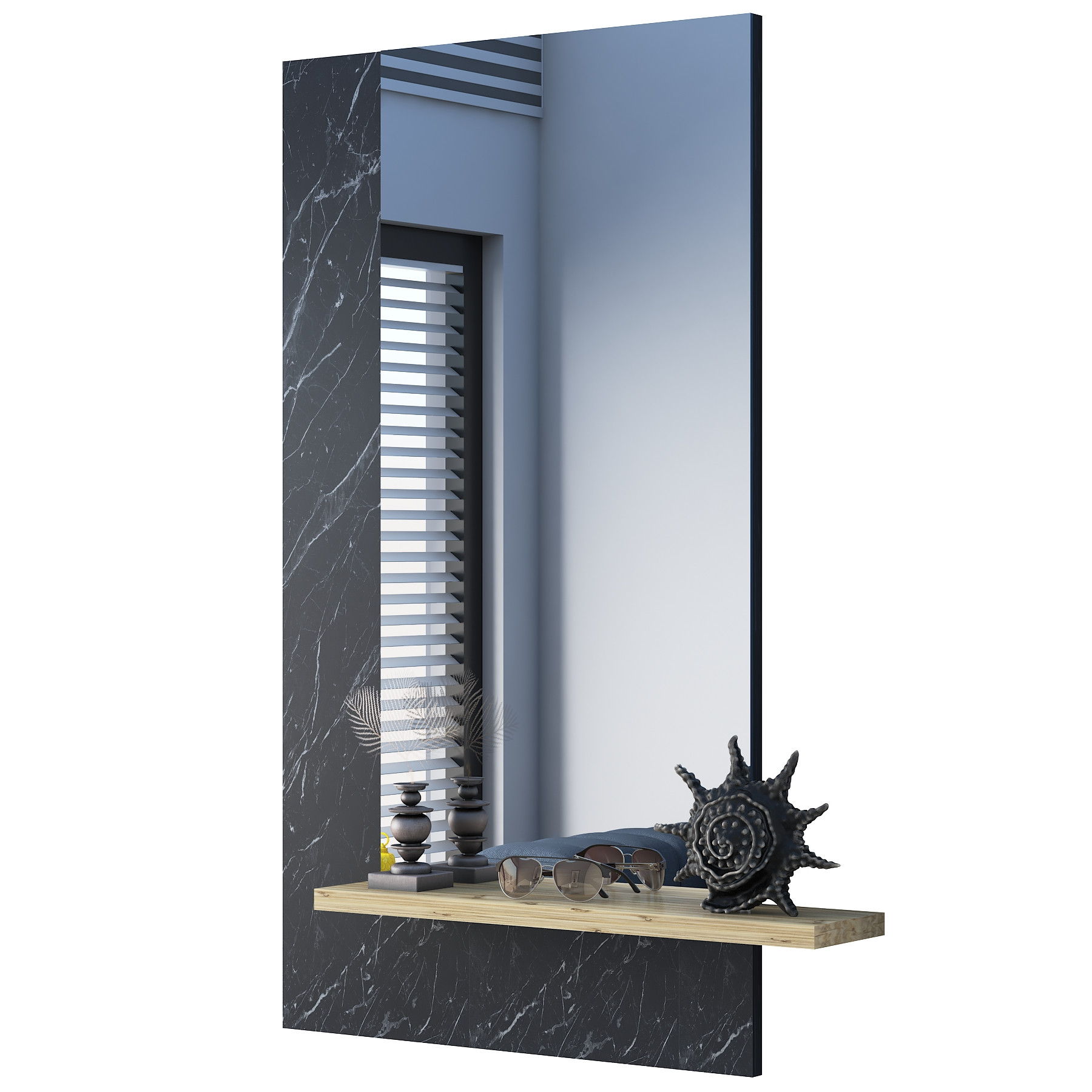 Specchio decorativo Granito nero Limpidus 60 x 120 x 2,2 cm Pannello in vetro melamina e il suo ripiano 65 x 13 x 1,8 cm Pannello in vetro quercia melamina