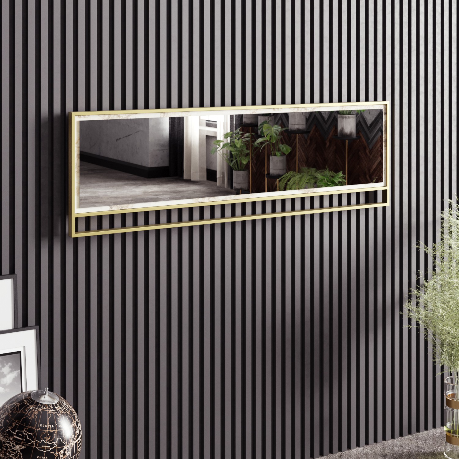 Belleza specchio da parete rettangolare L121,8 cm cornice traforata Melamina Nero Metallo Oro