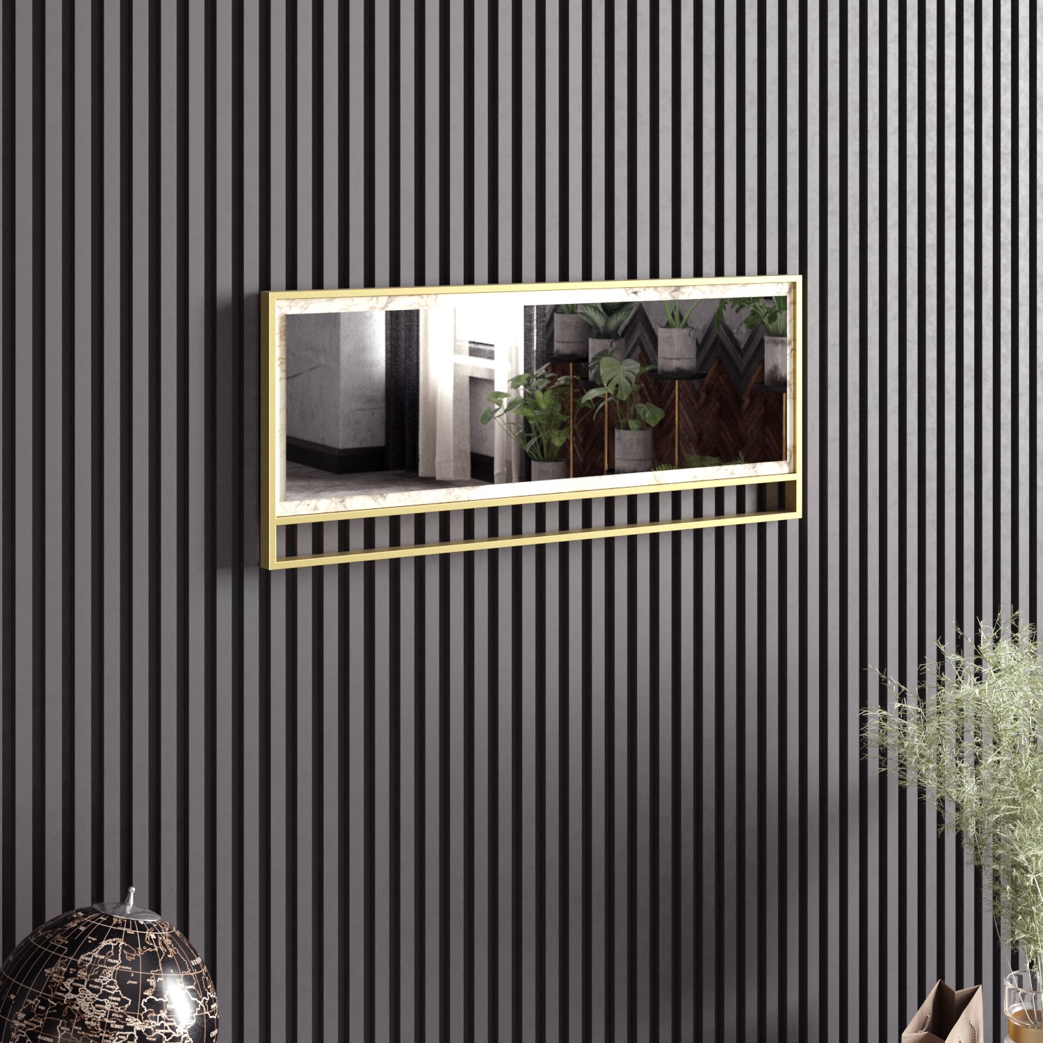 Belleza specchio da parete rettangolare L90 cm con cornice traforata Melamina Nero Metallo Oro