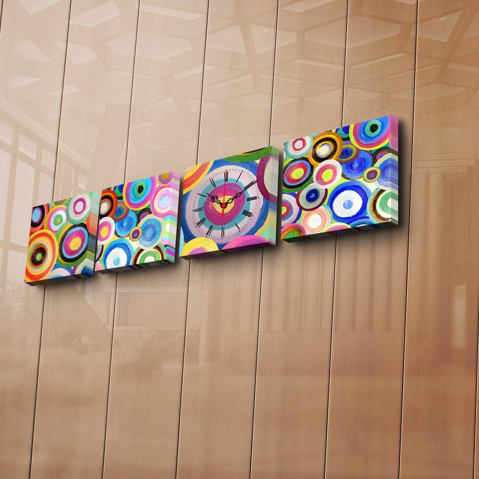 Eccentrici quadrittico orologio da parete, dischi di colore, panno scamosciato, multicolore