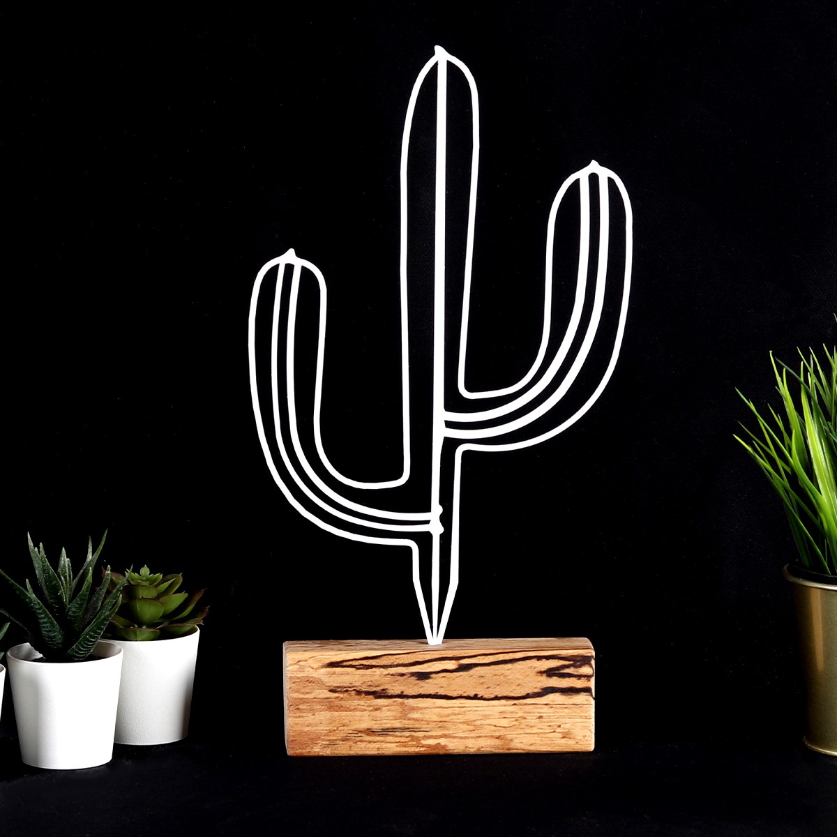 Stoviglie decorative Approbatio cactus Saguaro H37 cm Metallo Bianco Base di legno