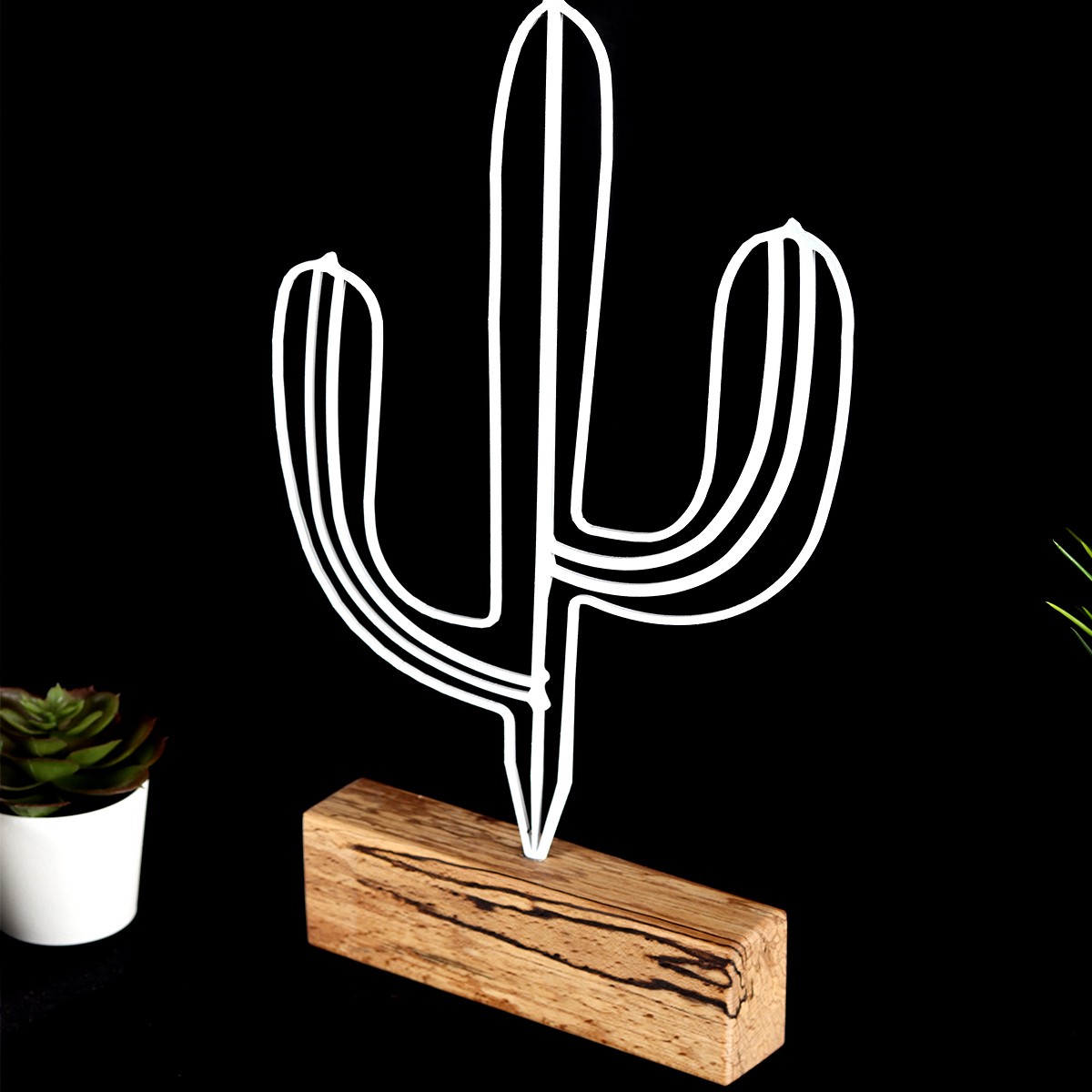 Stoviglie decorative Approbatio cactus Saguaro H37 cm Metallo Bianco Base di legno