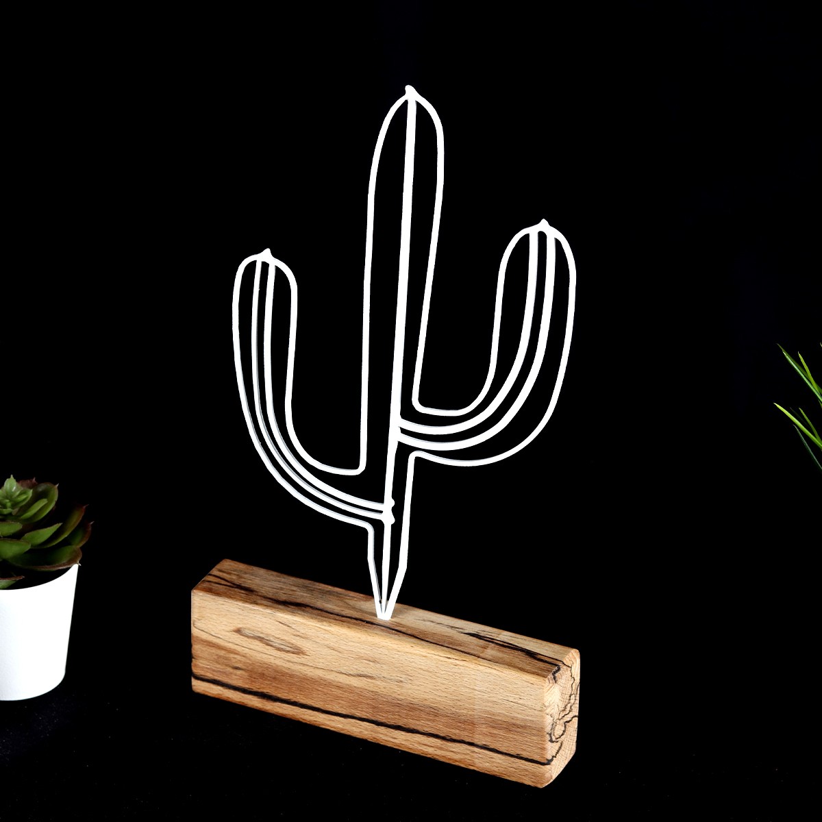 Stoviglie decorative Approbatio mini cactus Saguaro H24 cm Metallo Bianco Base di legno
