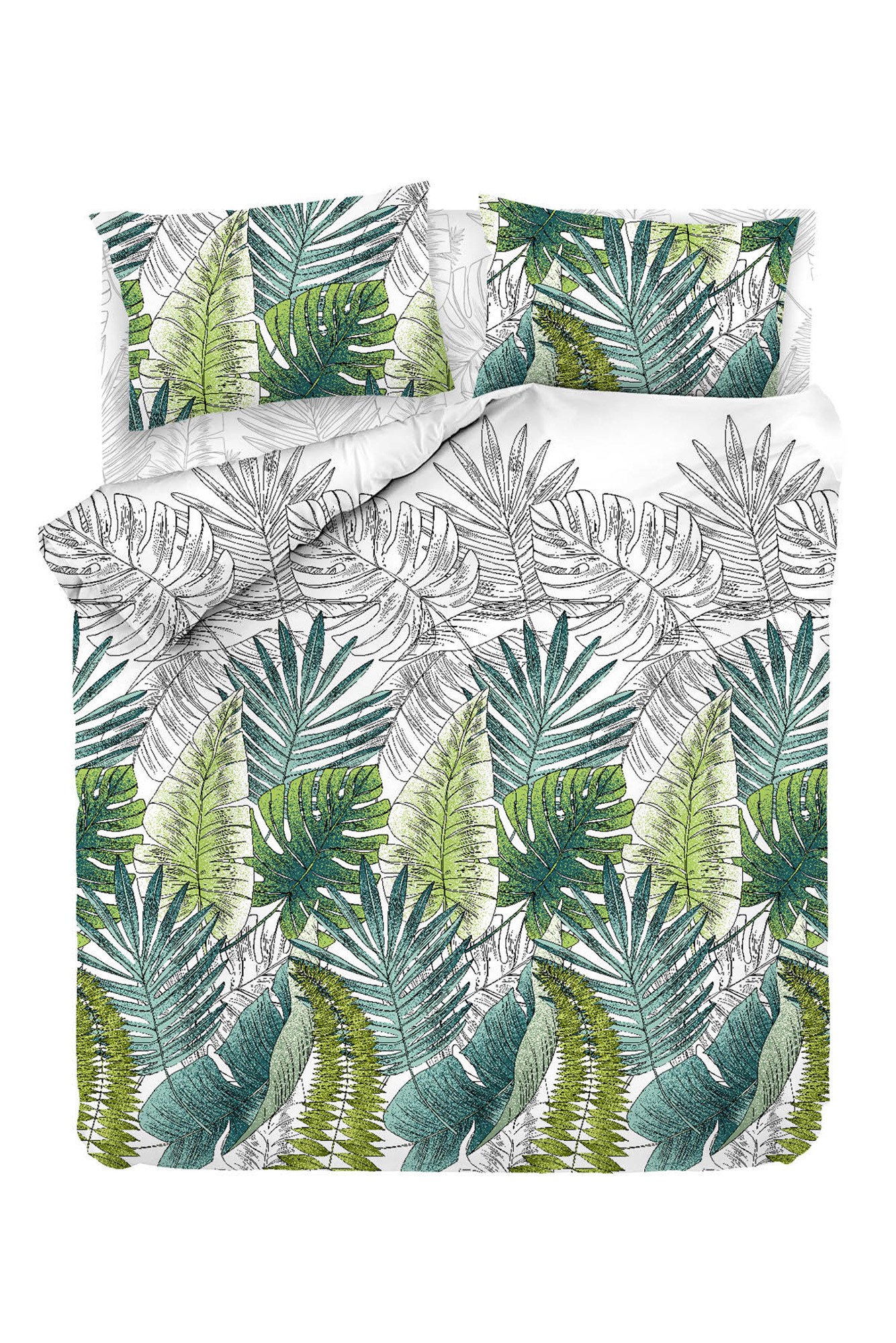 Set di 4 pezzi per il letto matrimoniale Noctis con motivo di fogliame della giungla Cotone Rinforzato Bianco Verde