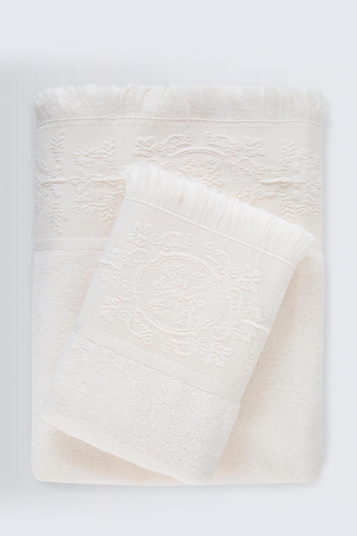  Asciugamano ricamo medaglione frange Adire 70 x 140 cm 100 oton Ecru