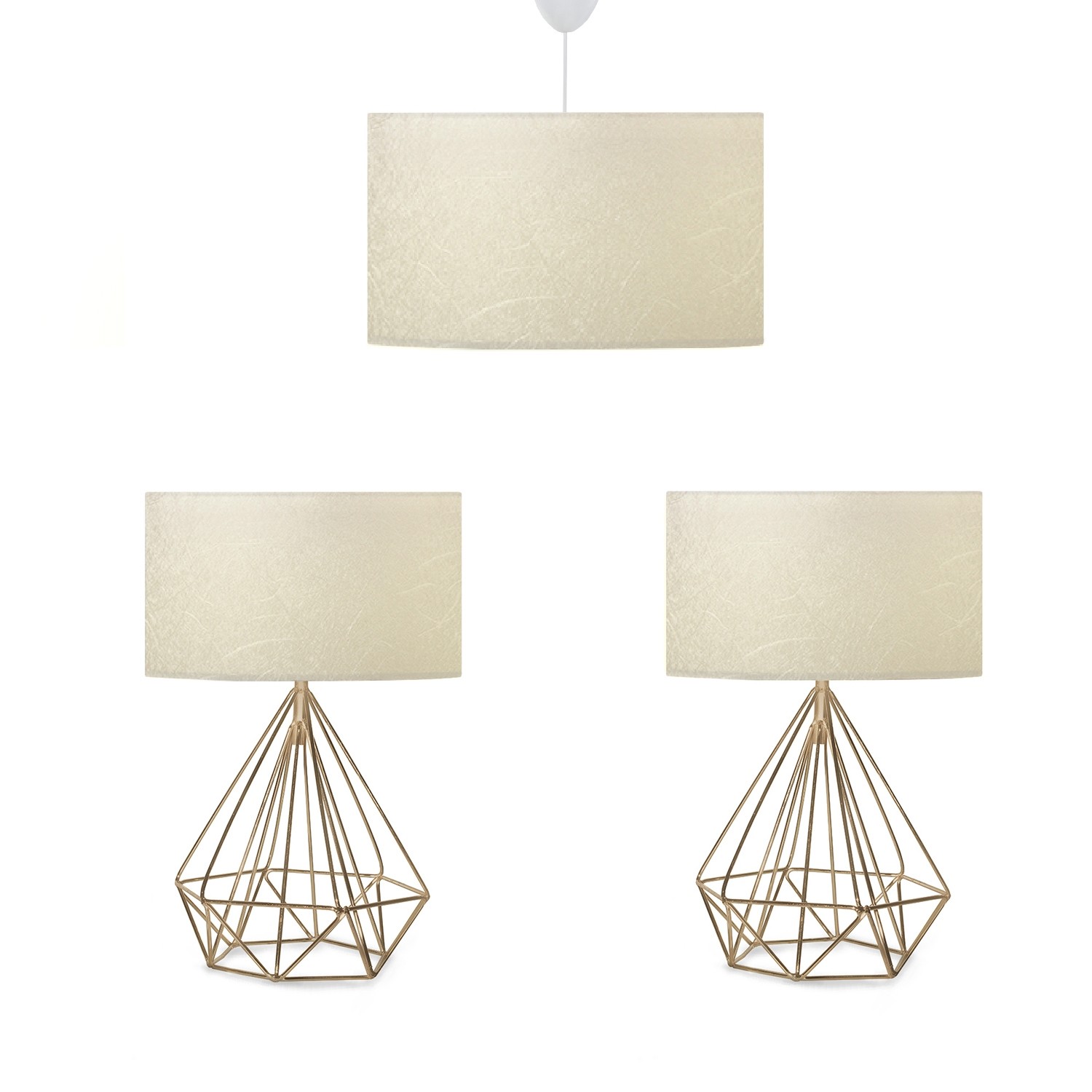 Set di 2 lampade da tavolo con base a diamante e sospensione Tympanum PVC off-white metallo oro antico