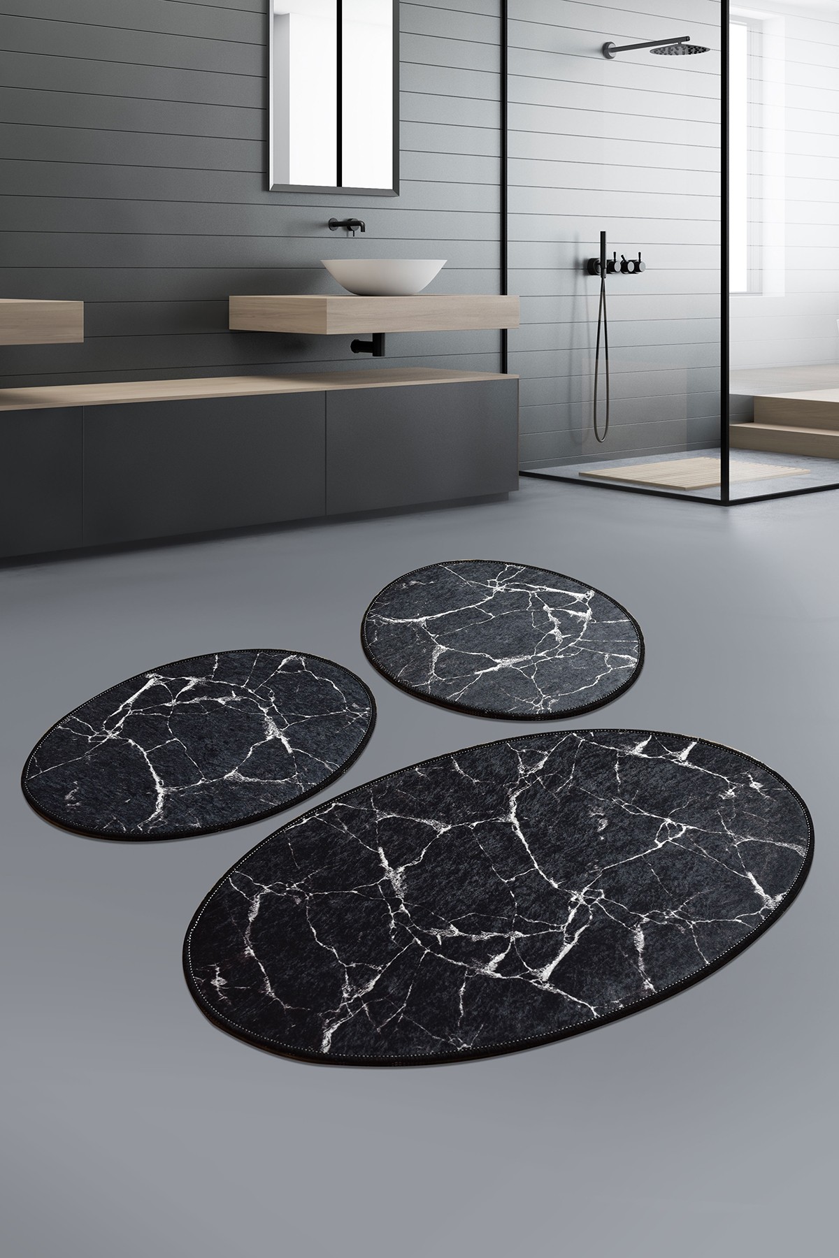Set di 3 tappetini da bagno ovali Artem craquelures marmo velluto bianco su nero