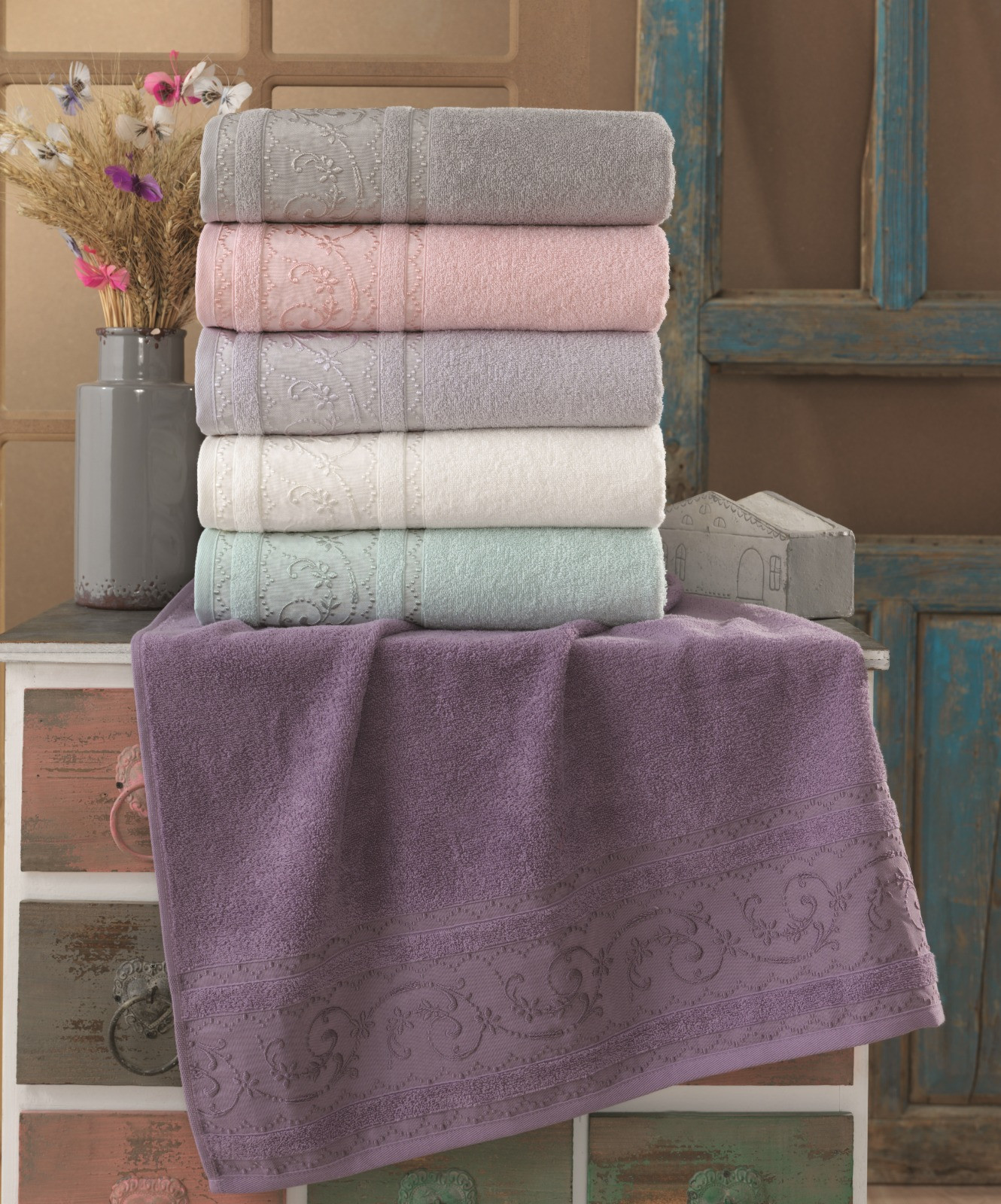 Set di 6 asciugamani Sicco 100 oton Purple-Salmon-Green-White-Grey