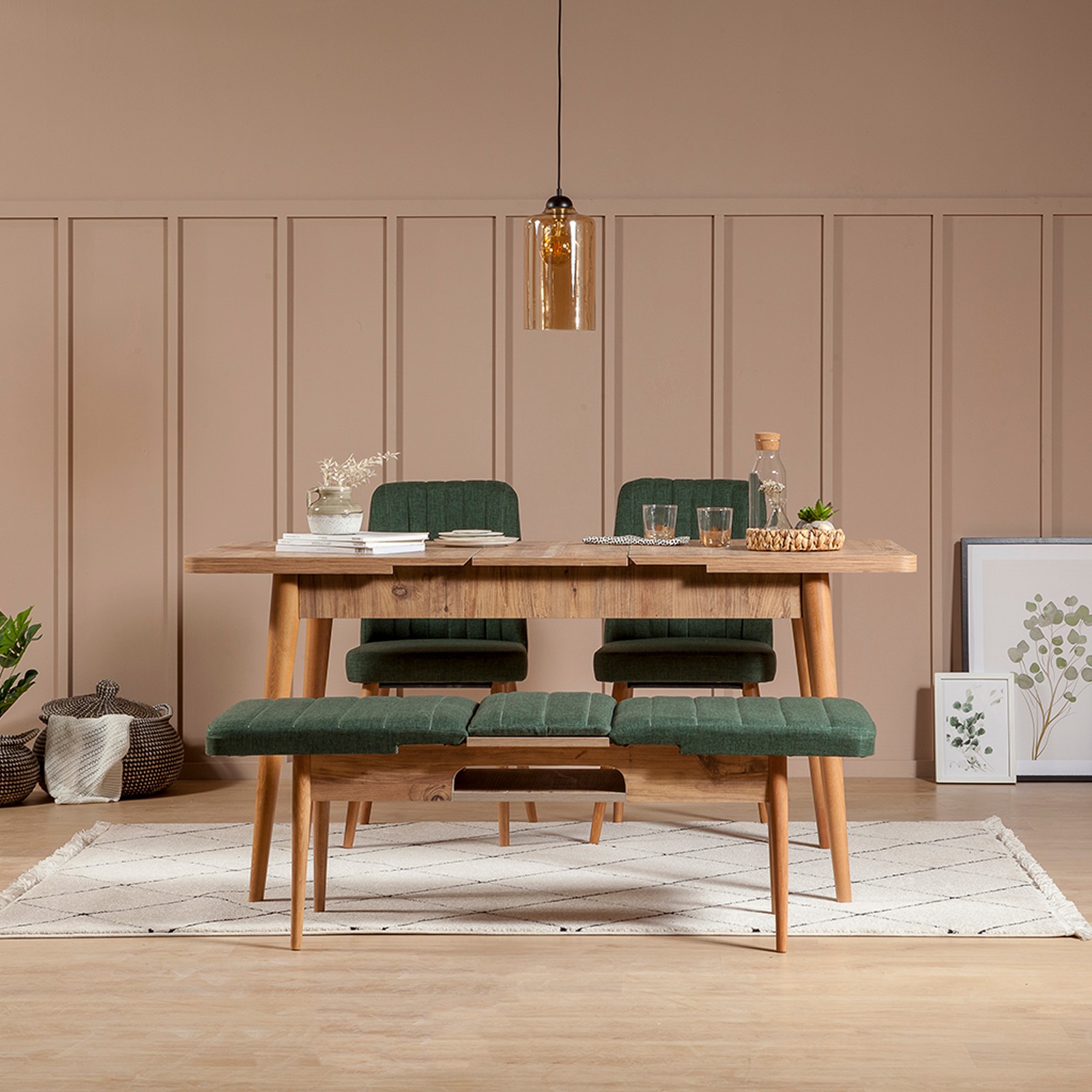 Malva 4-piece Extendable Table and Chair Set Melamine Panel Ochre and Fir Green