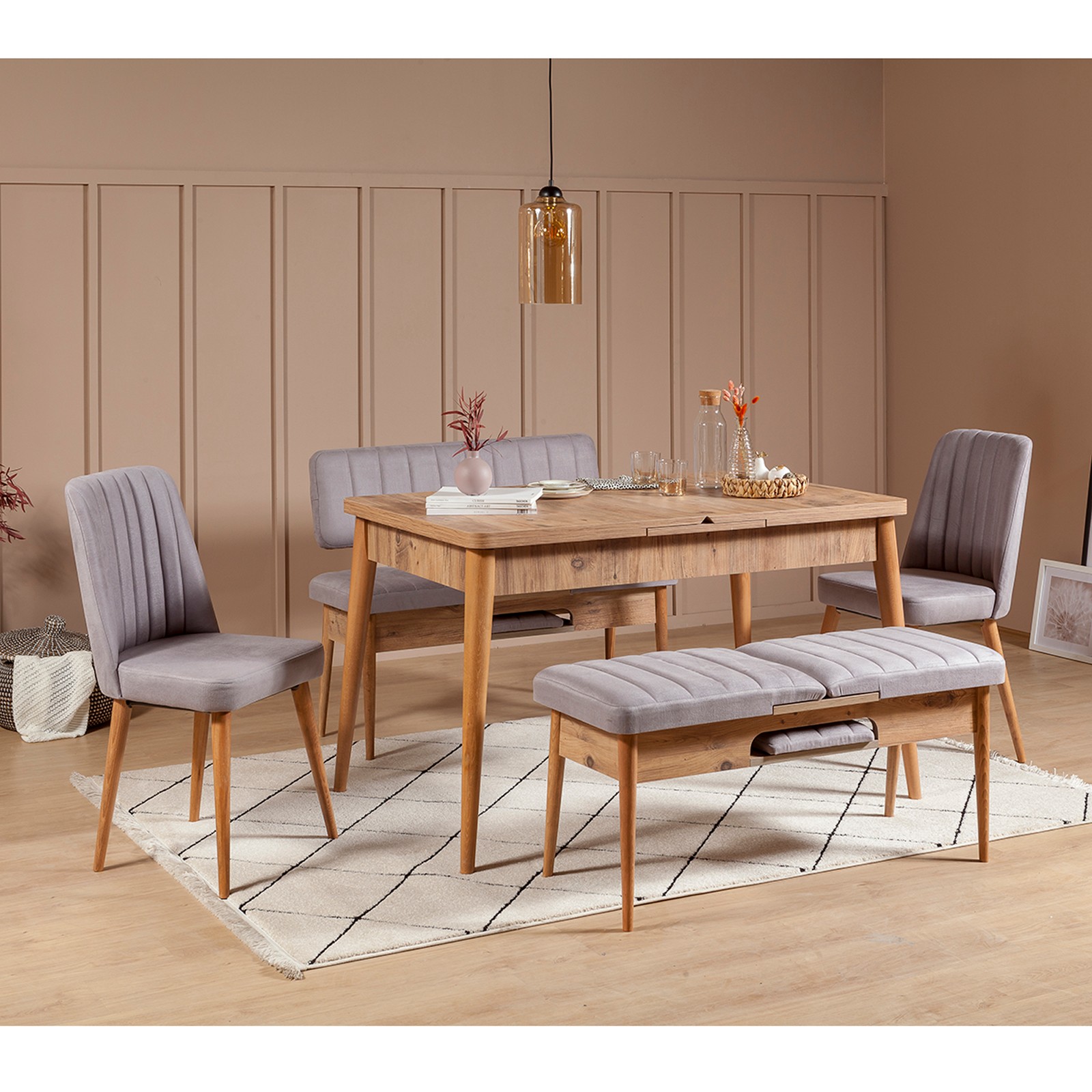 Set di tavolo e sedie estensibile 5 pezzi Malva Melamine Panel Ochre and Lead Grey