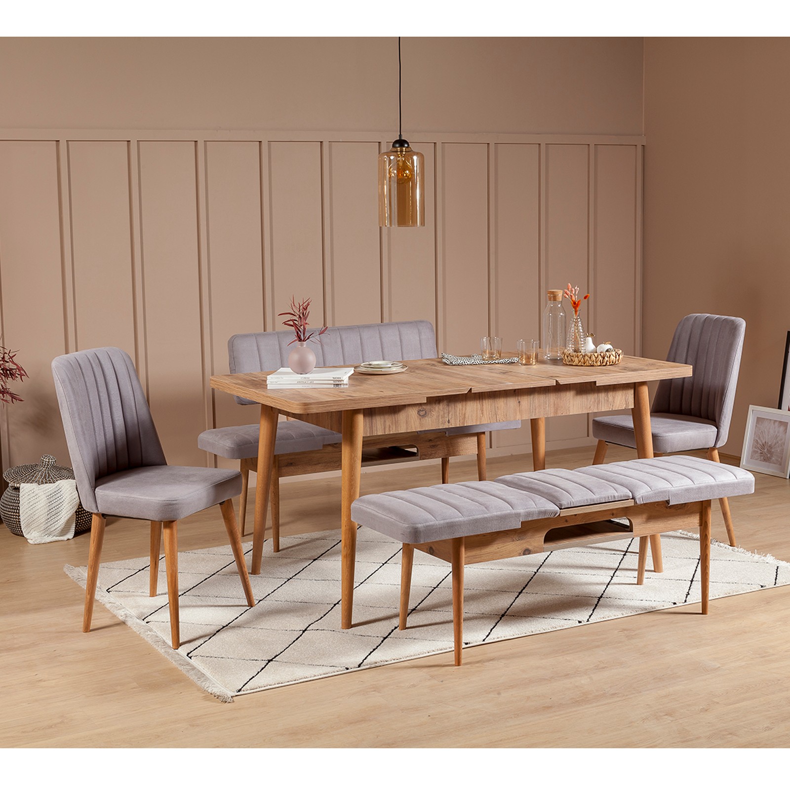 Set di tavolo e sedie estensibile 5 pezzi Malva Melamine Panel Ochre and Lead Grey